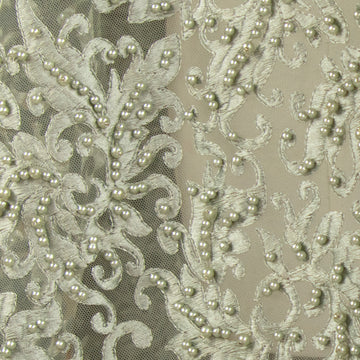 Heavy Embroidered Pearl Beaded Chantilly Lace Teal Grey