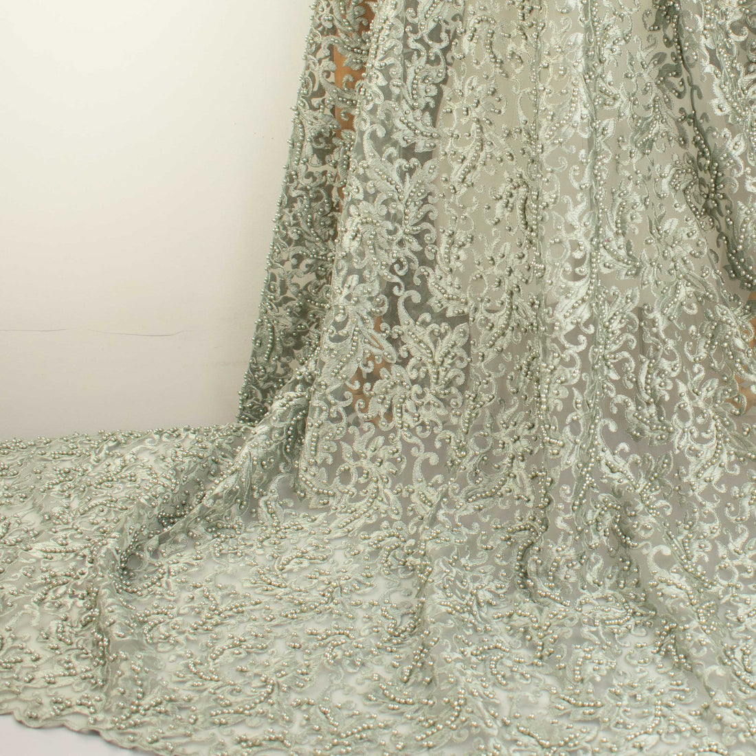 Heavy Embroidered Pearl Beaded Chantilly Lace Teal Grey