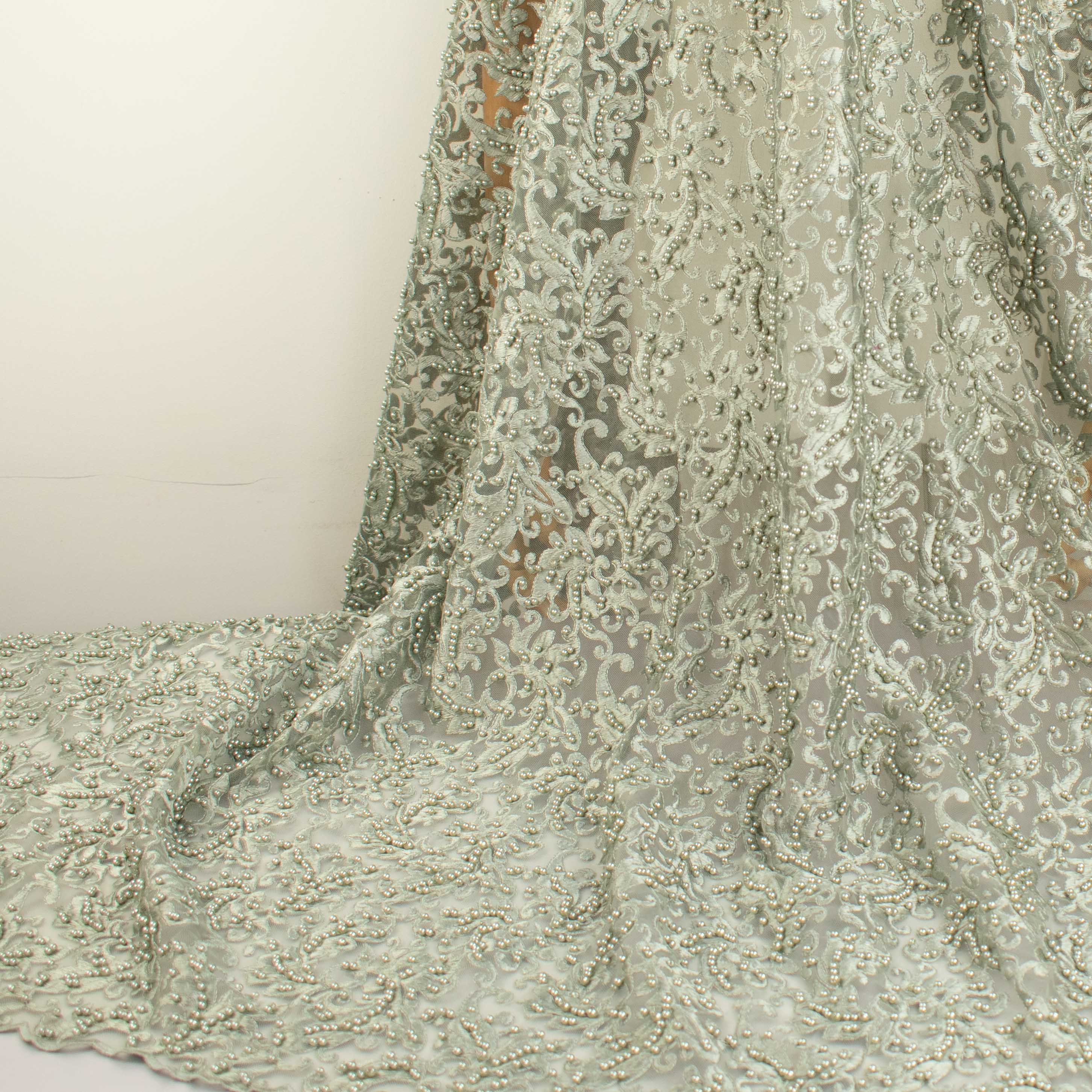 Heavy Embroidered Pearl Beaded Chantilly Lace Teal Grey