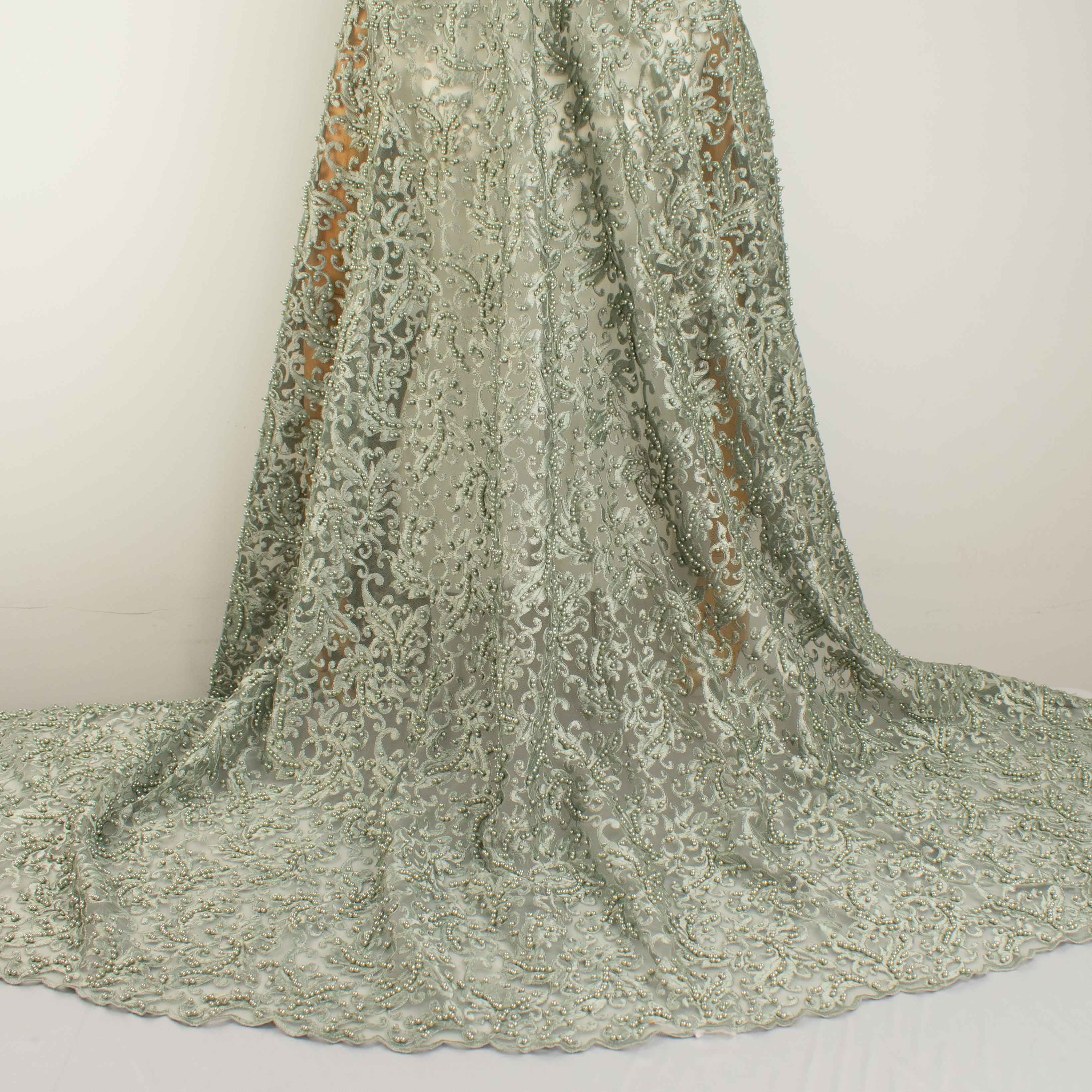 Heavy Embroidered Pearl Beaded Chantilly Lace Teal Grey