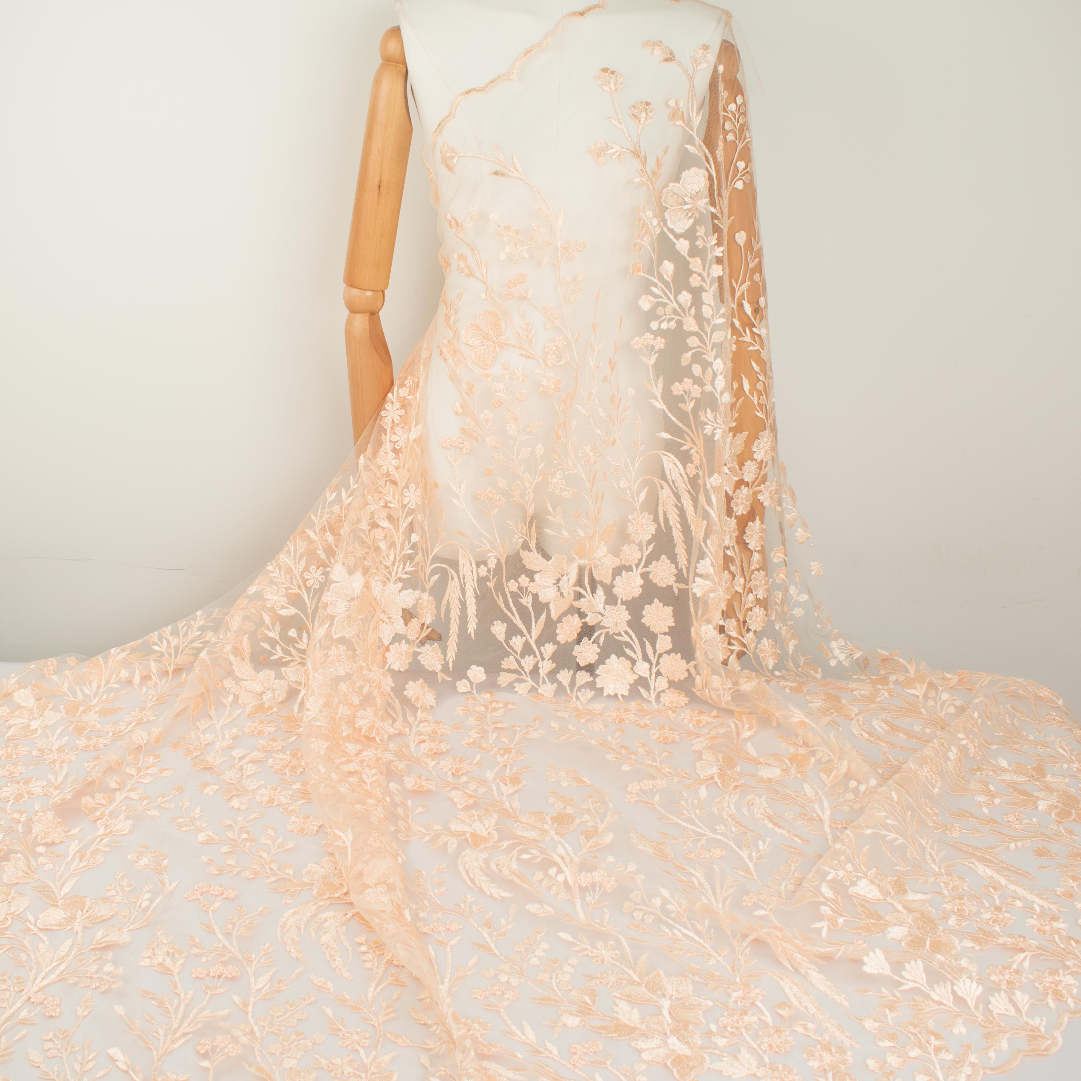 Floral Heavy Embroidered Lace Peach