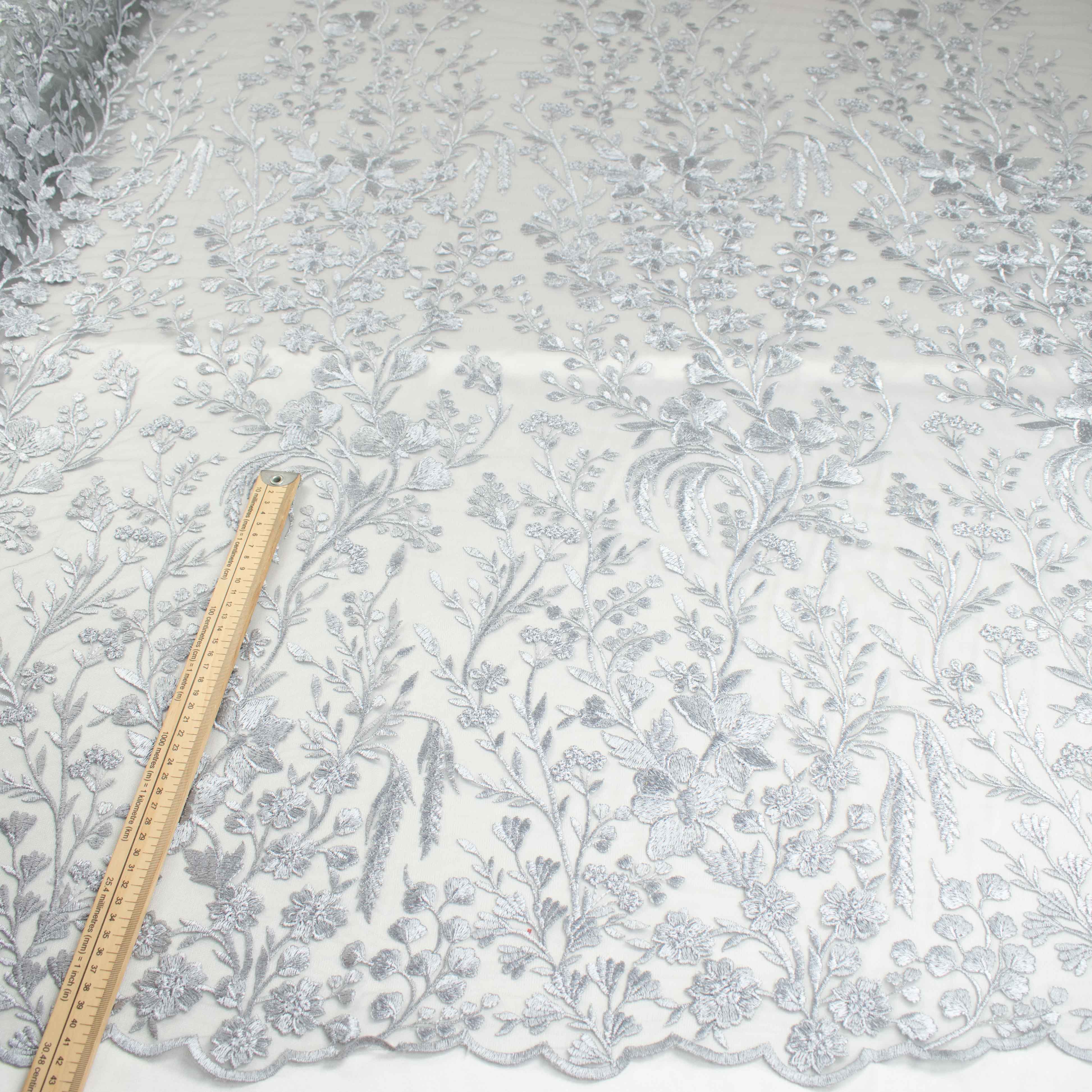 Floral Heavy Embroidered Lace Silver