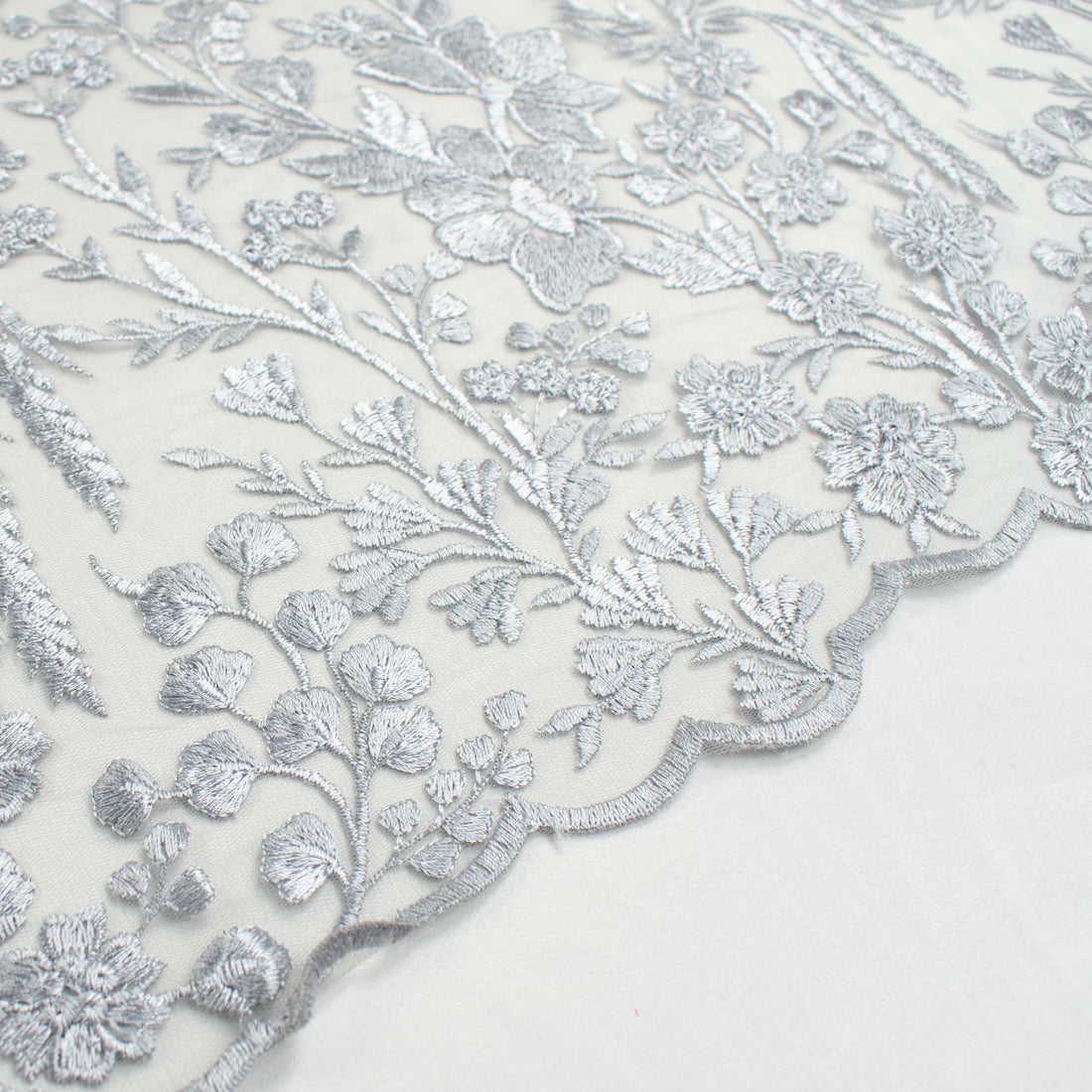 Floral Heavy Embroidered Lace Silver