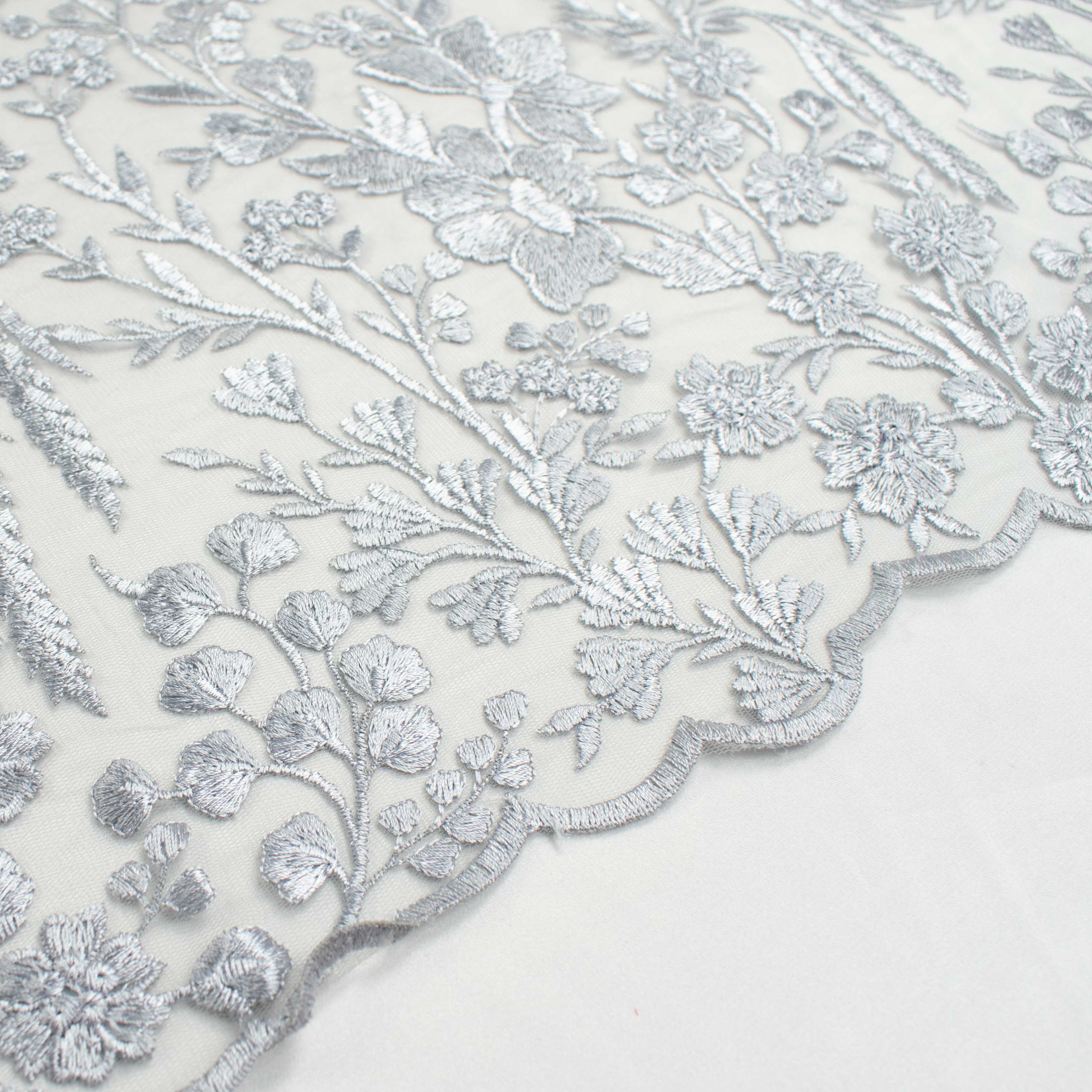 Floral Heavy Embroidered Lace Silver