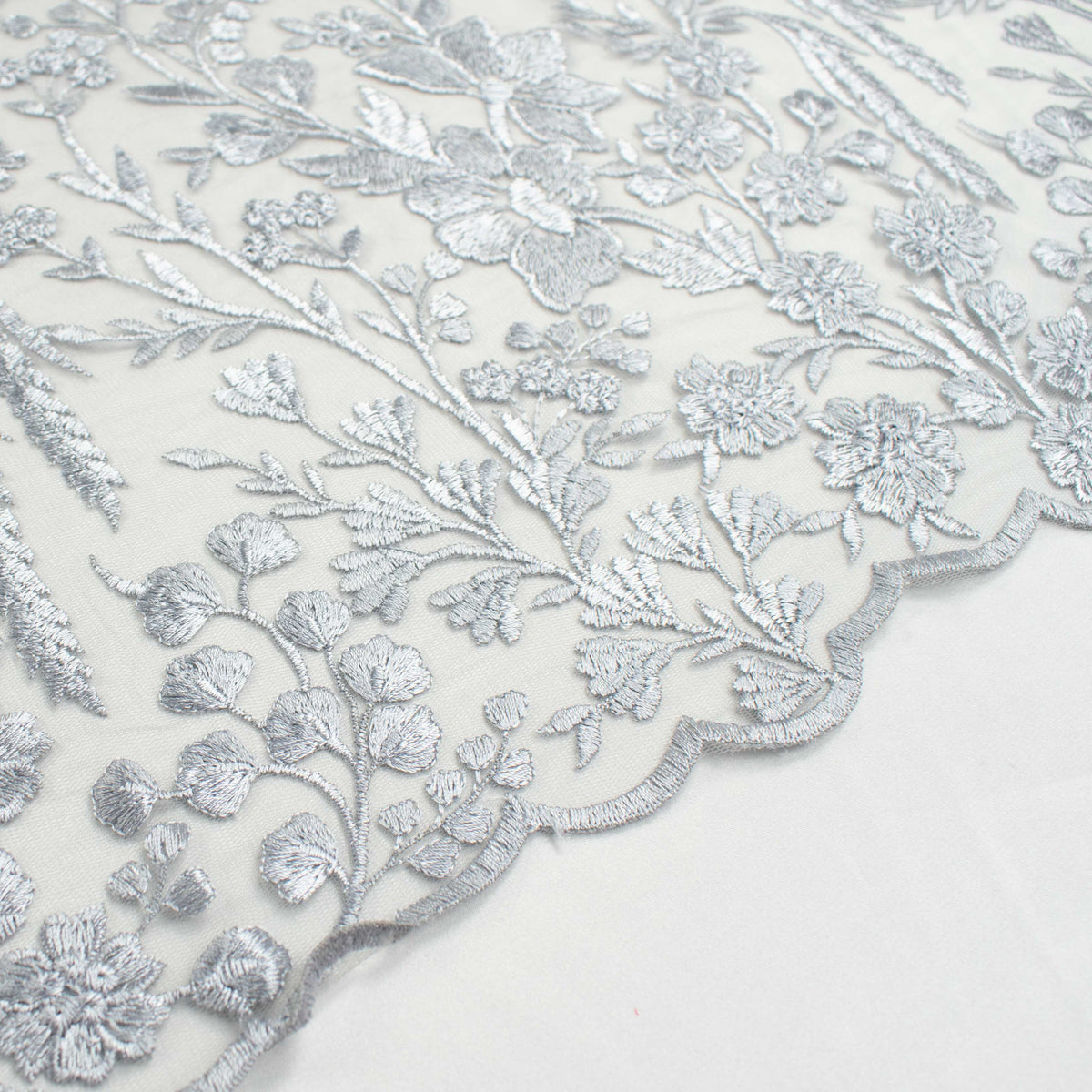 Floral Heavy Embroidered Lace Silver Homecraft Textiles