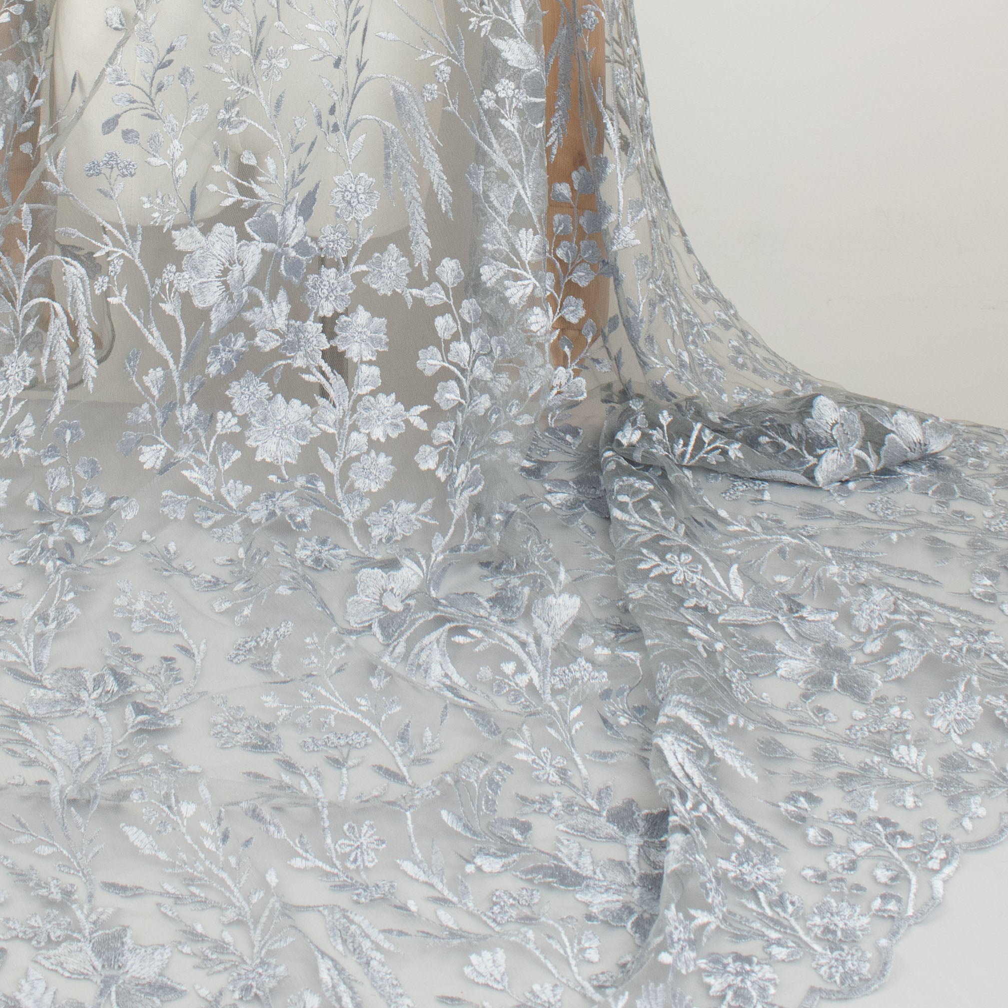 Floral Heavy Embroidered Lace Silver