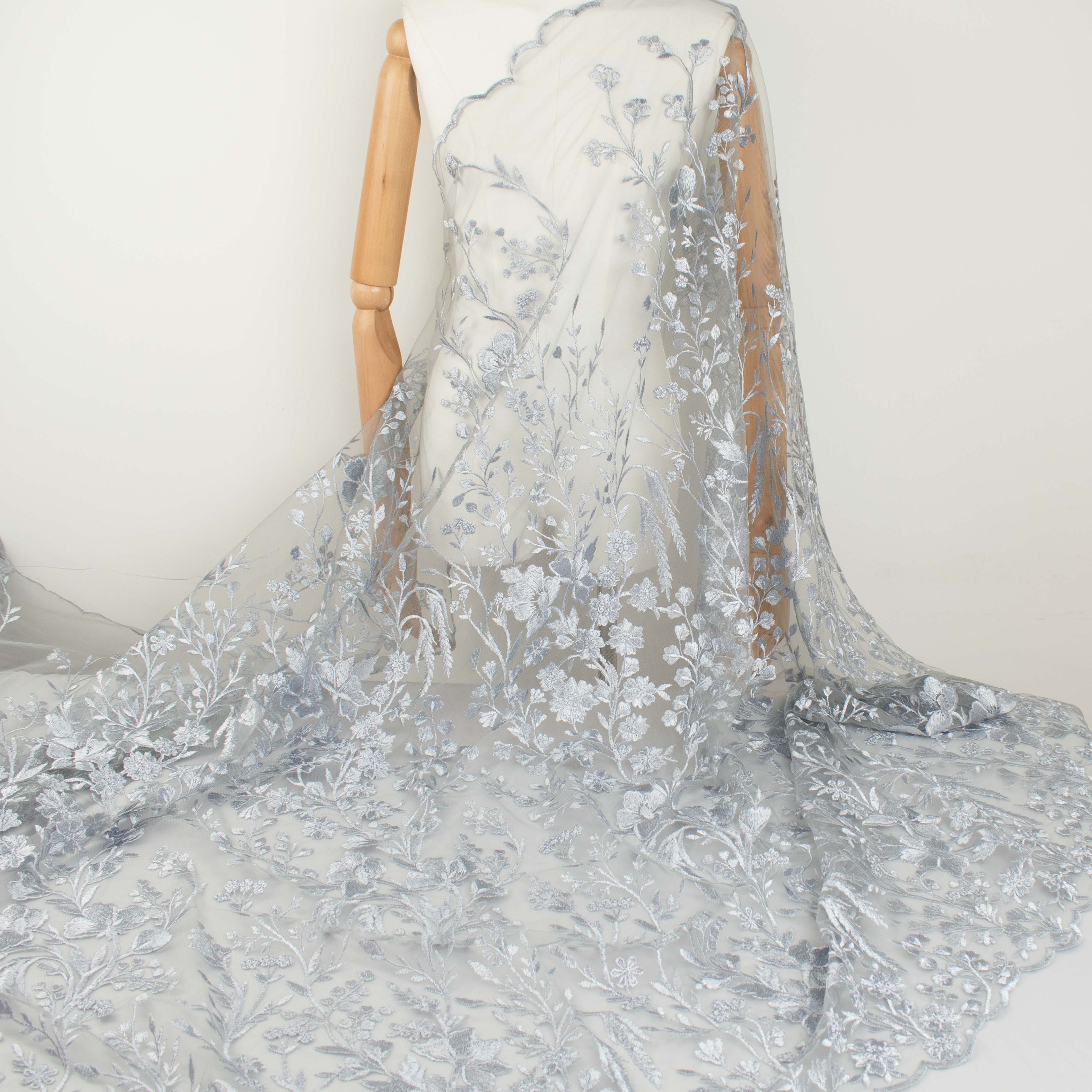 Floral Heavy Embroidered Lace Silver