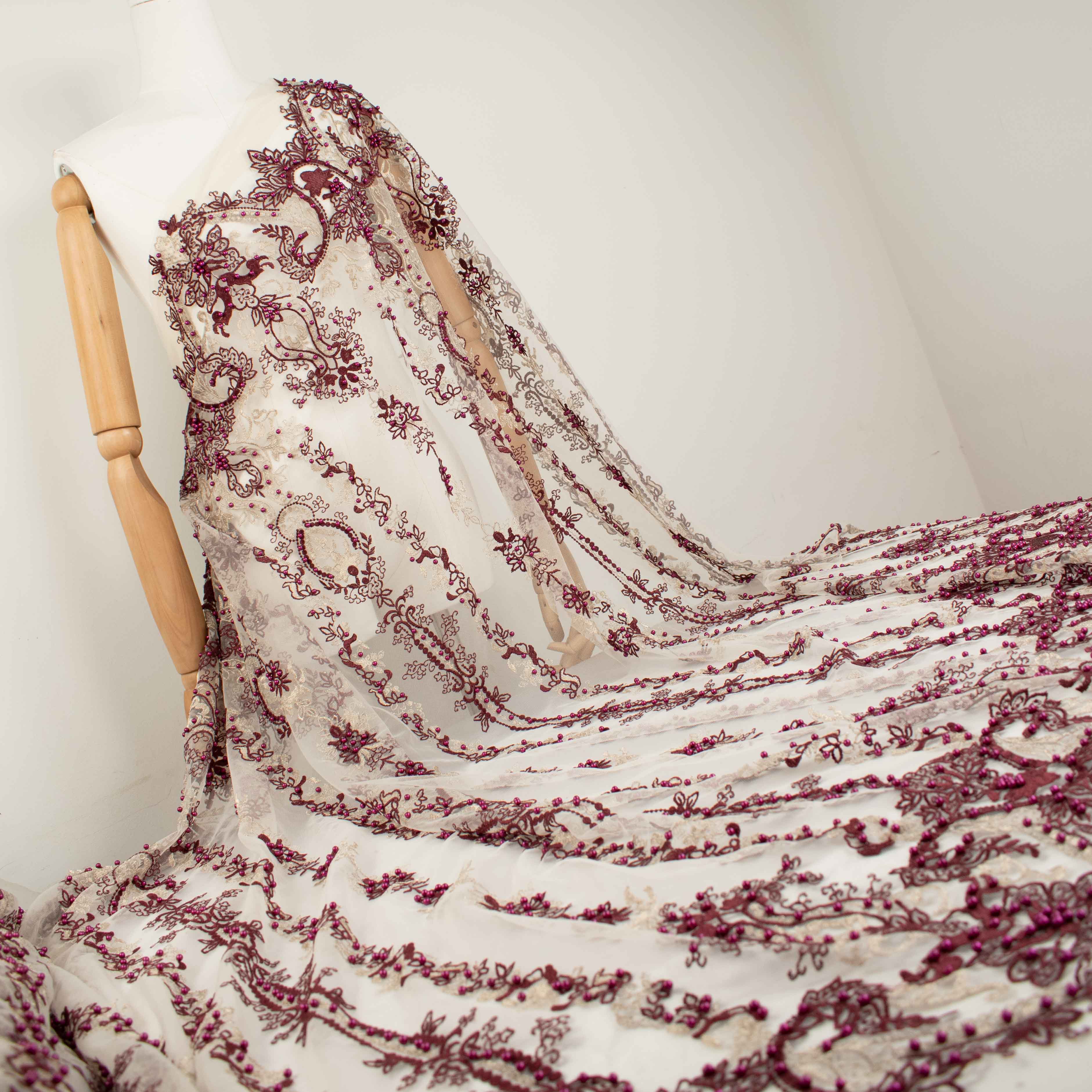 Heavy Pearl Metallic Embroidered Lace Maroon