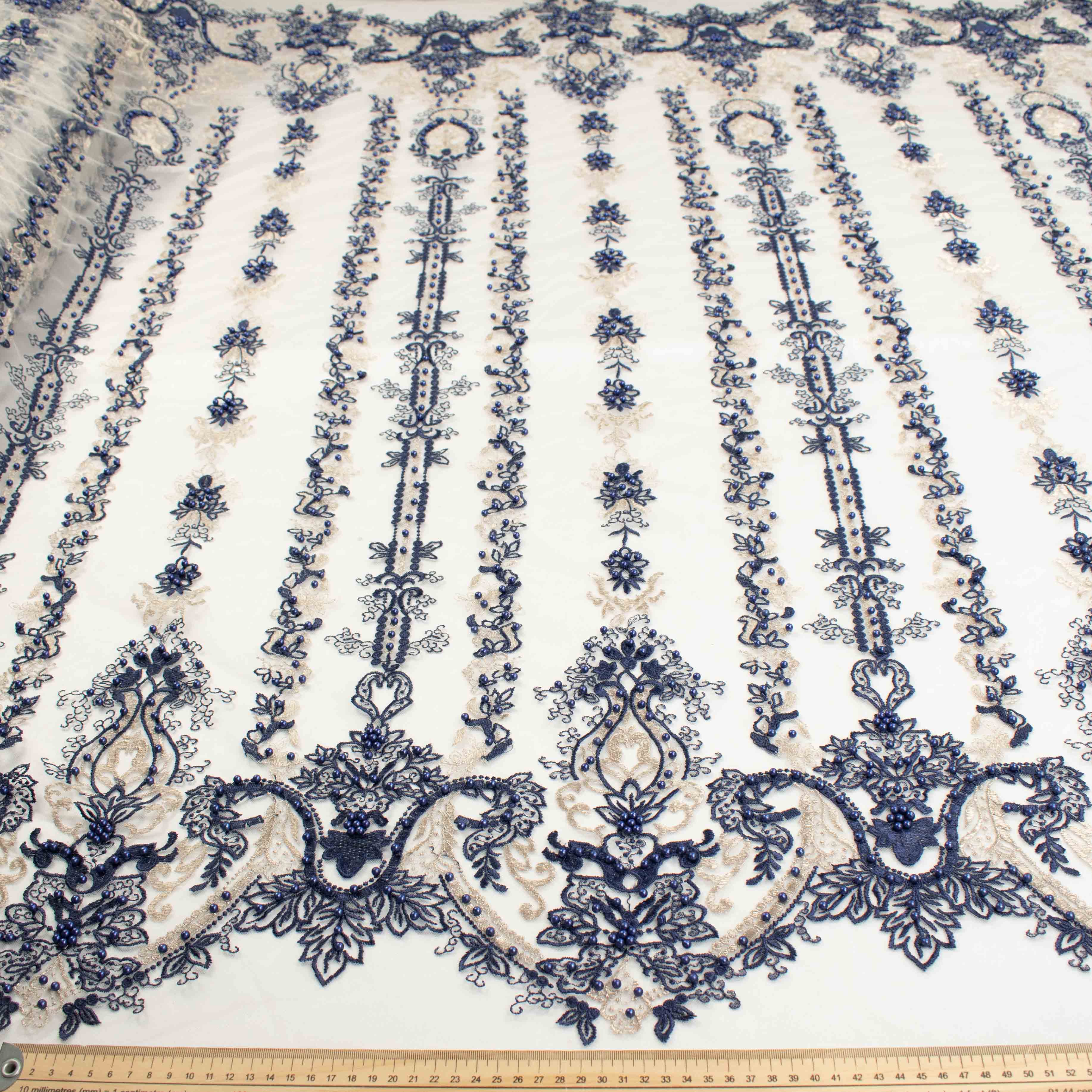Heavy Pearl Metallic Embroidered Lace Navy