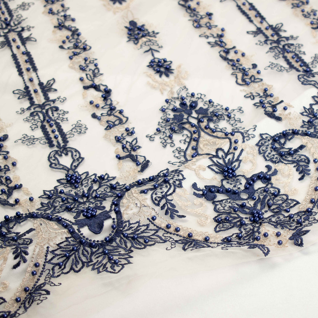 Heavy Pearl Metallic Embroidered Lace Navy