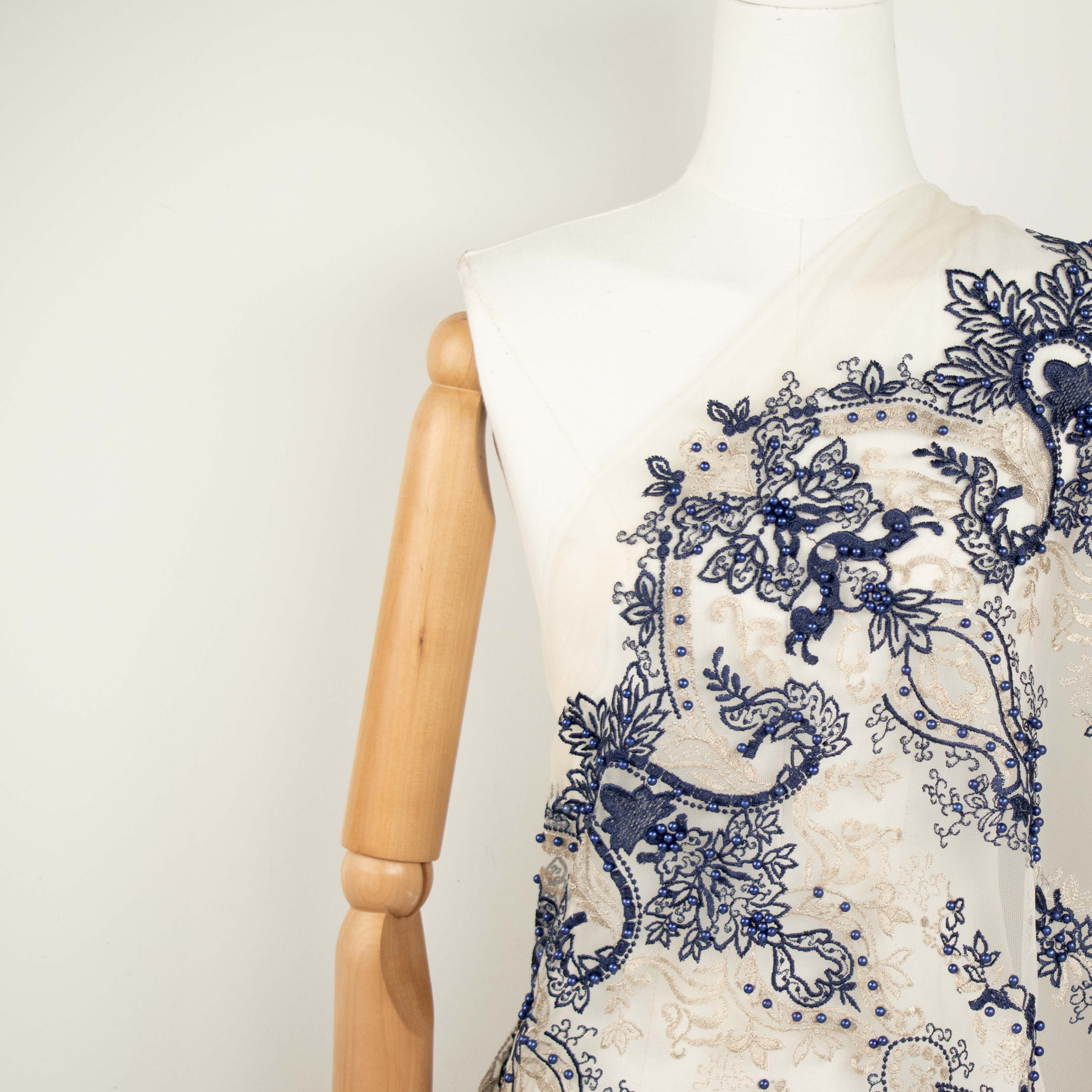 Heavy Pearl Metallic Embroidered Lace Navy