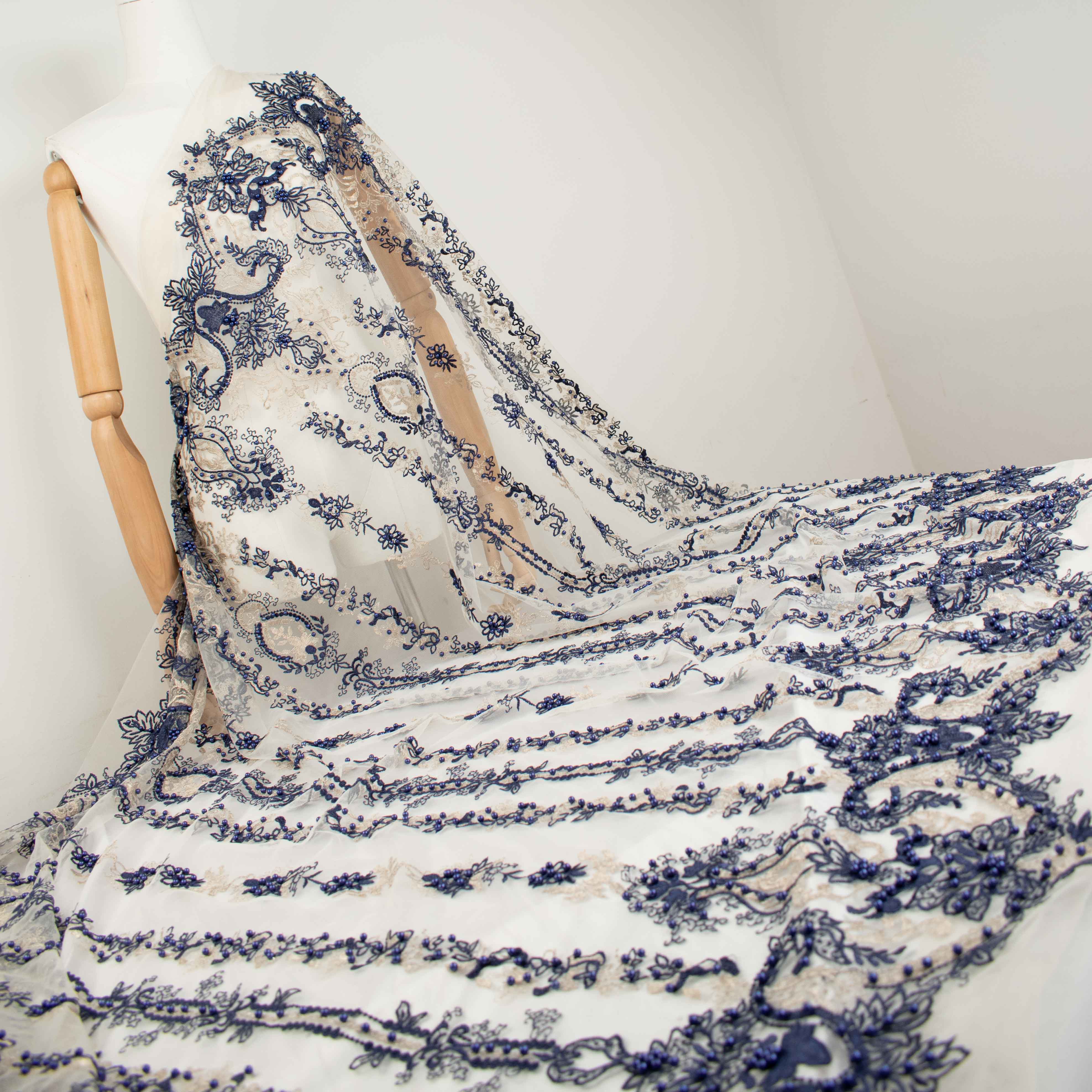 Heavy Pearl Metallic Embroidered Lace Navy