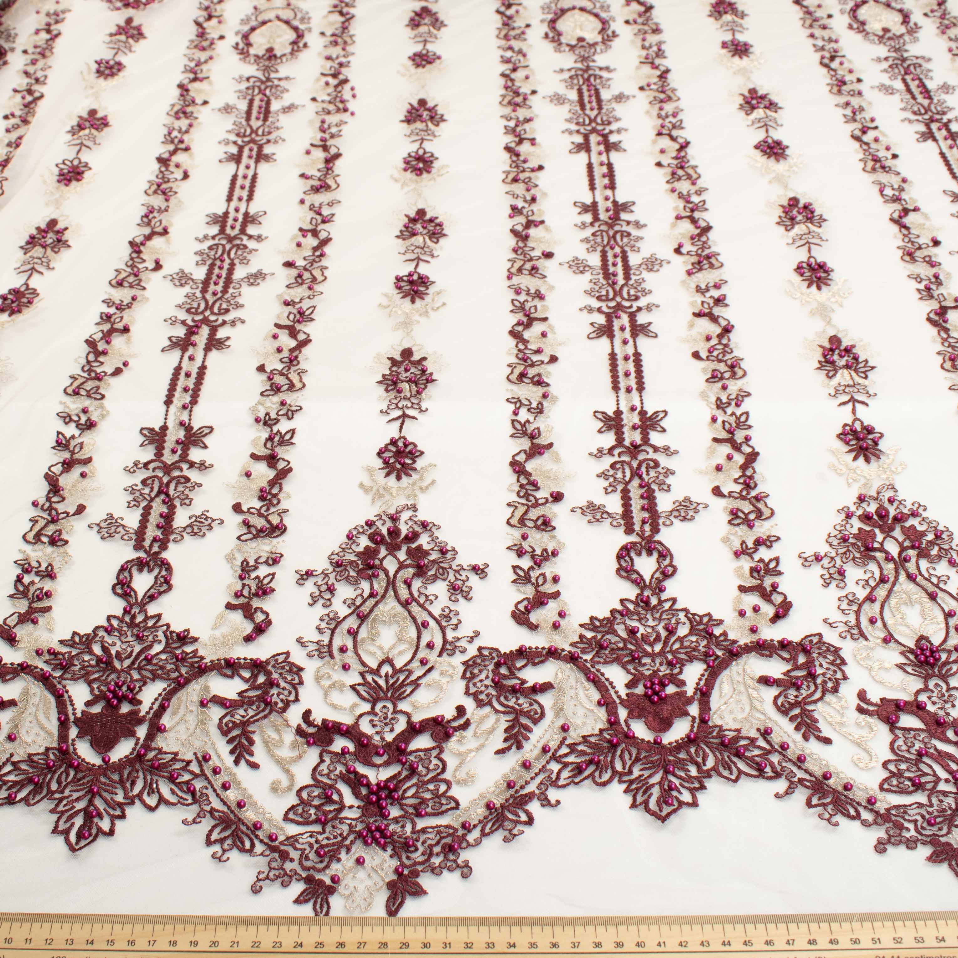 Heavy Pearl Metallic Embroidered Lace Maroon