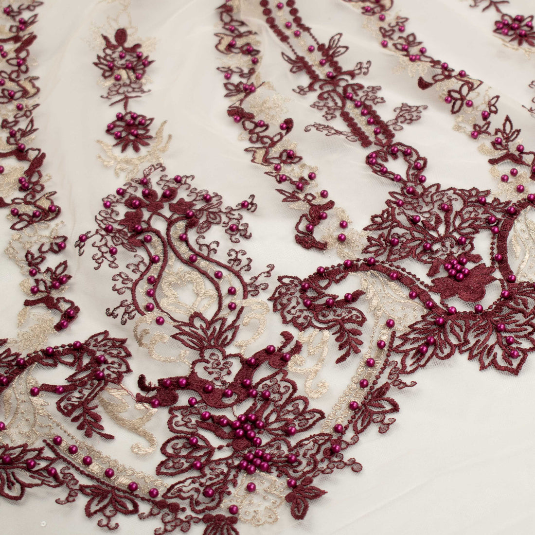 Heavy Pearl Metallic Embroidered Lace Maroon