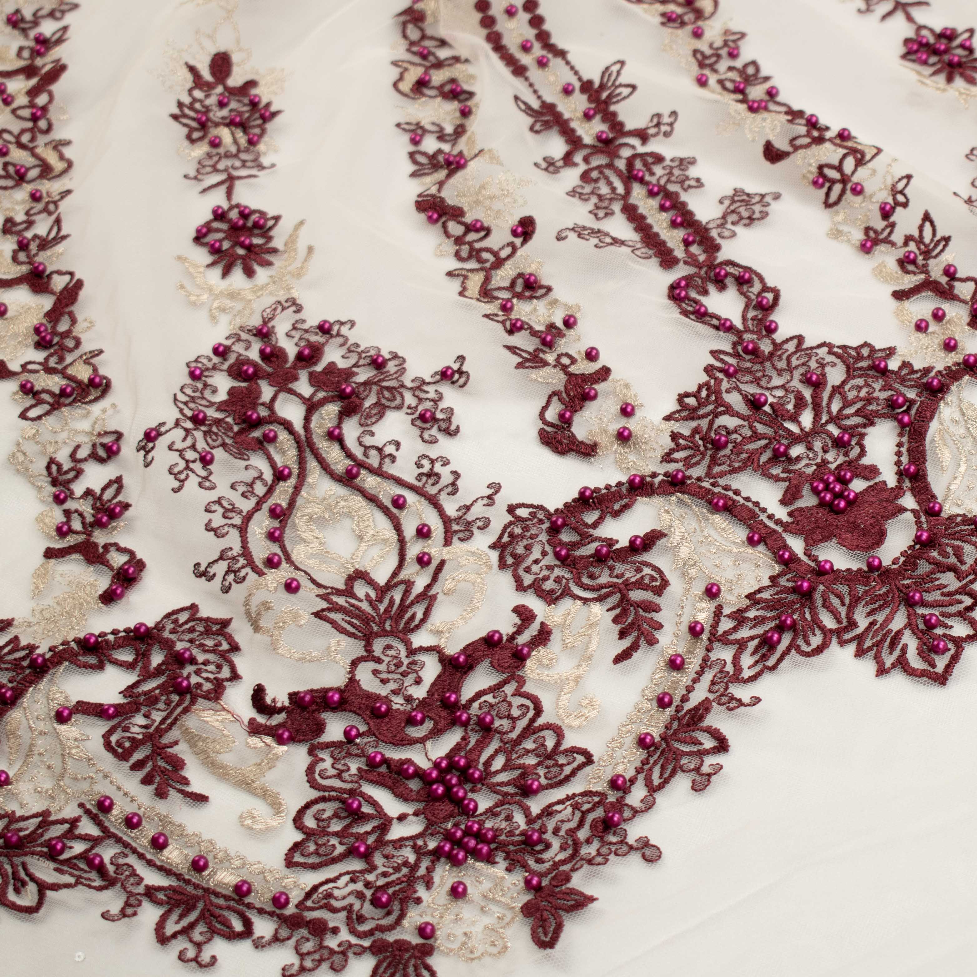 Heavy Pearl Metallic Embroidered Lace Maroon