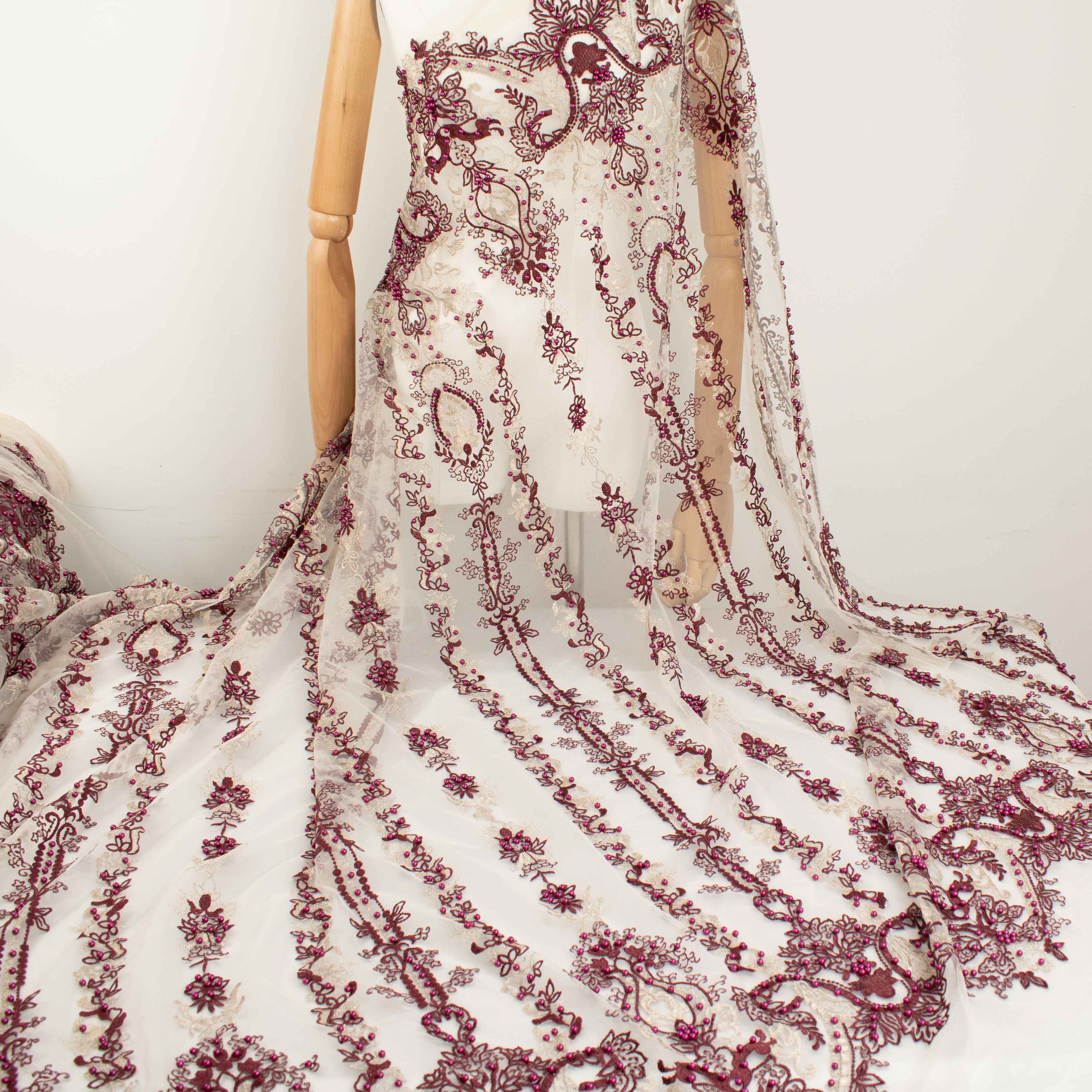 Heavy Pearl Metallic Embroidered Lace Maroon