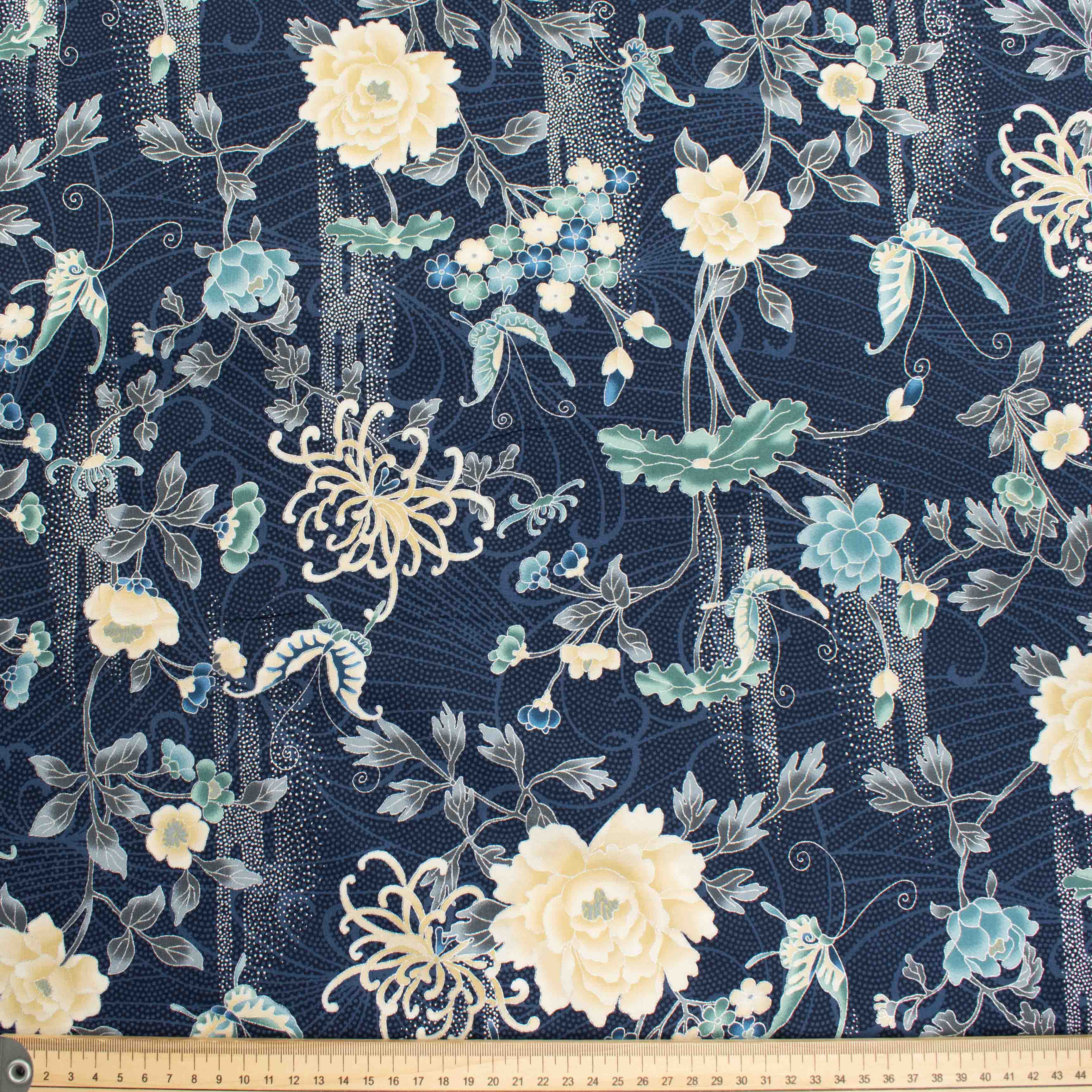 Hoffman California Fabrics Narumi Floral & Butterfly on Navy Cotton Prints