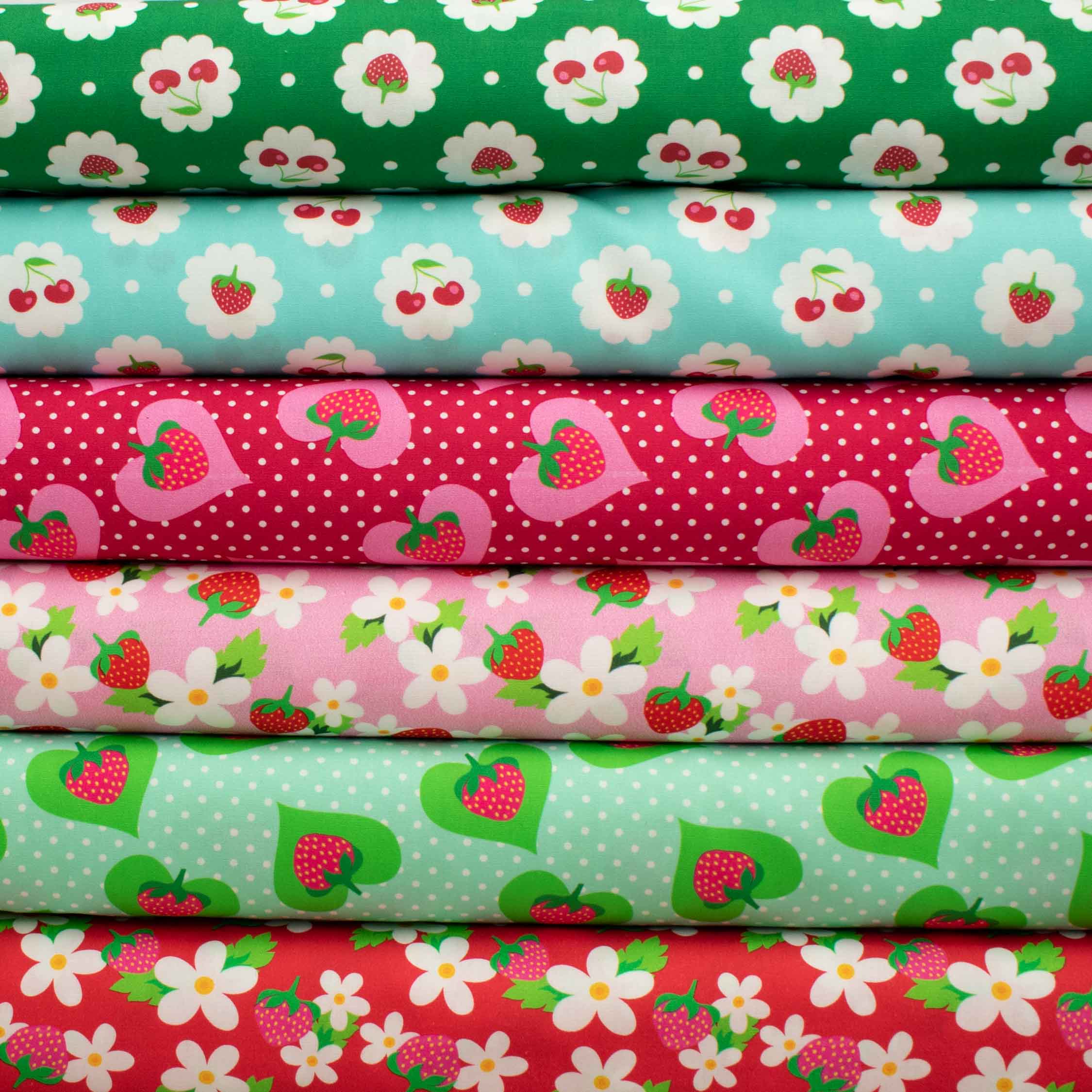 Indie Pop Strawberry Collection #04 Strawberry & Lace Floral on Blue Cotton Prints