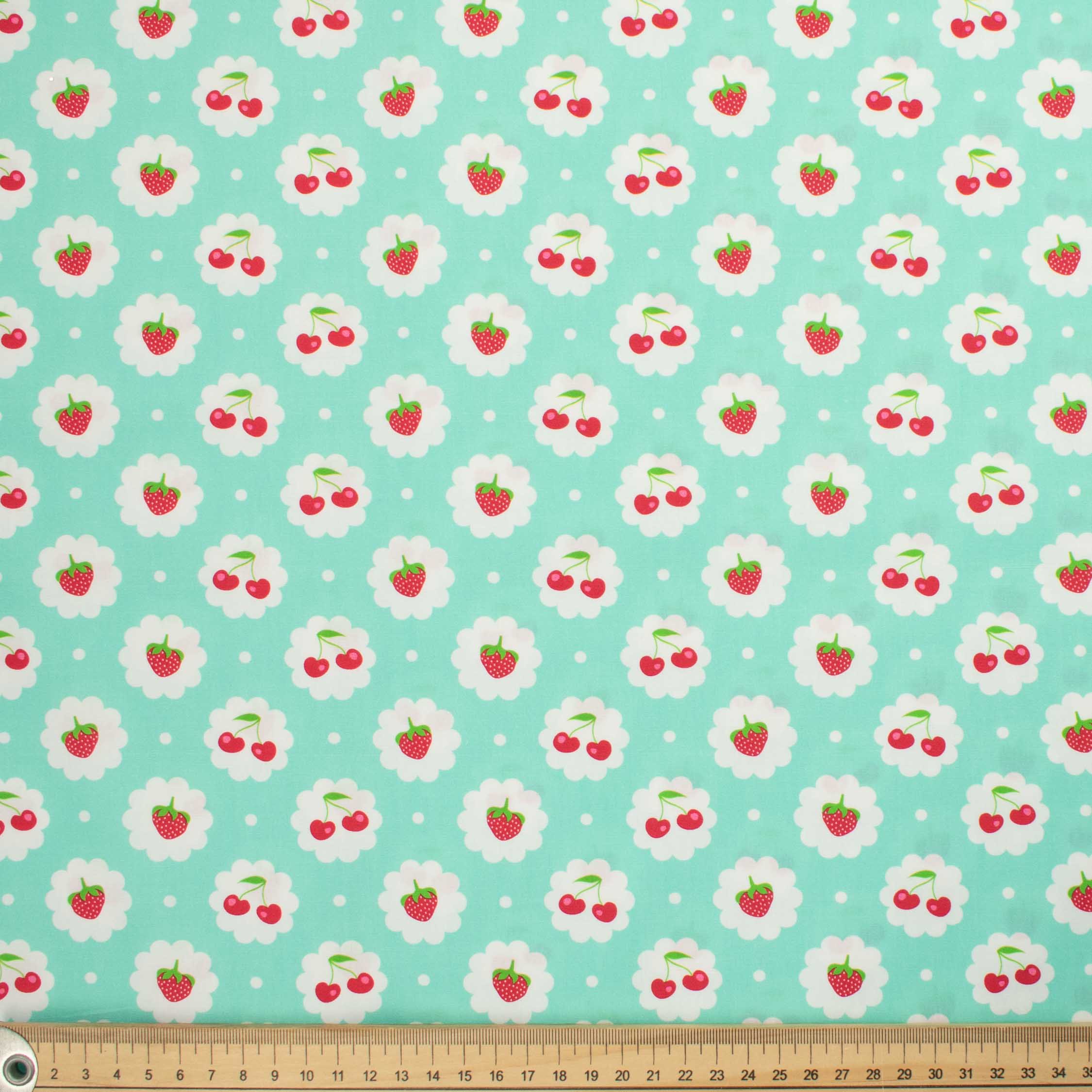 Indie Pop Strawberry Collection #10 Strawberry & Cherry on Light Blue Cotton Prints