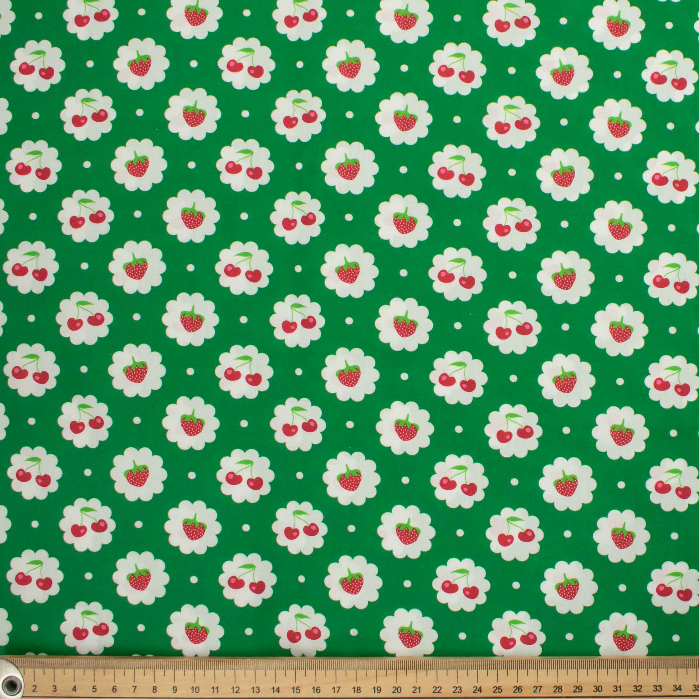 Indie Pop Strawberry Collection #08 Strawberry & Cherry on Green Cotton Prints