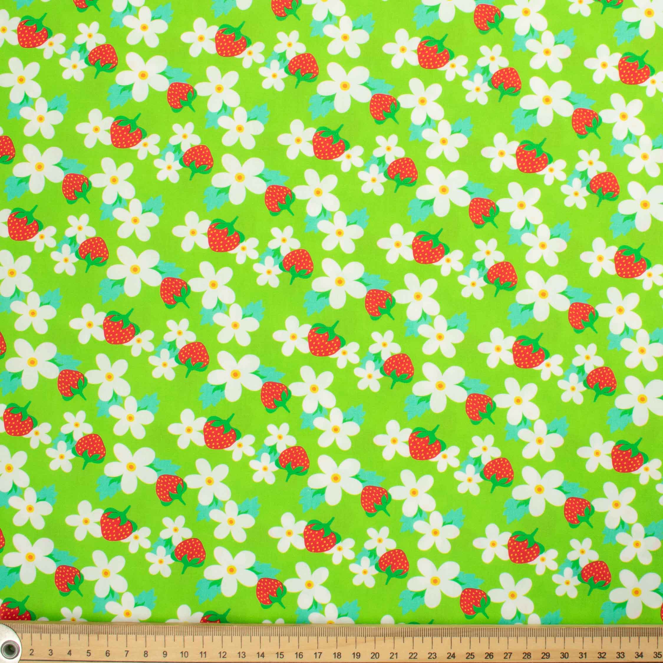 Indie Pop Strawberry Collection #13 Strawberry & Flower on Green Cotton Prints