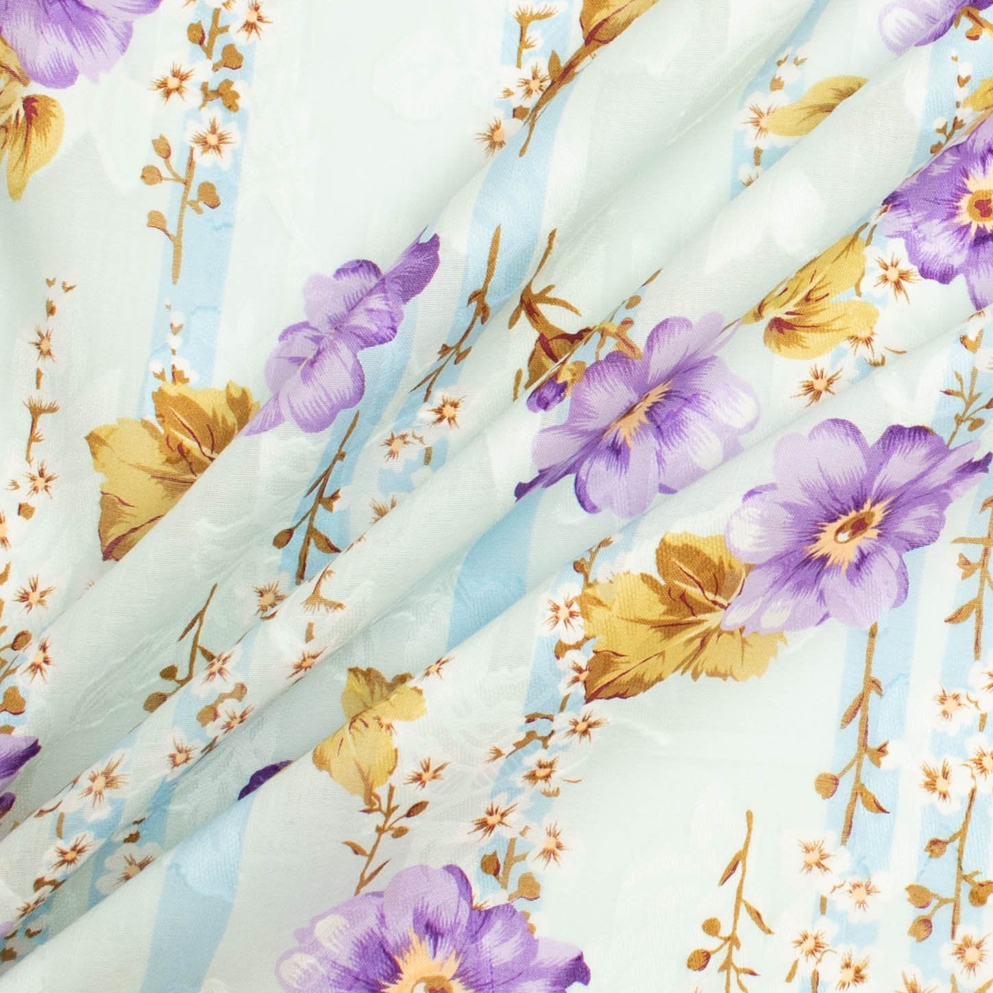 Japanese Pure Cotton Lawn Jacquard Embossed Floral Prints Design-20 Purple Flowers on Blue