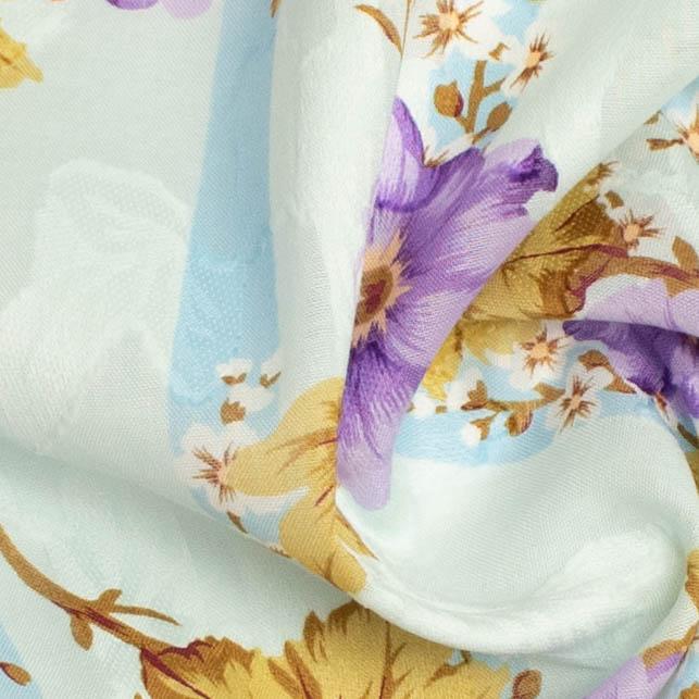 Japanese Pure Cotton Lawn Jacquard Embossed Floral Prints Design-20 Purple Flowers on Blue