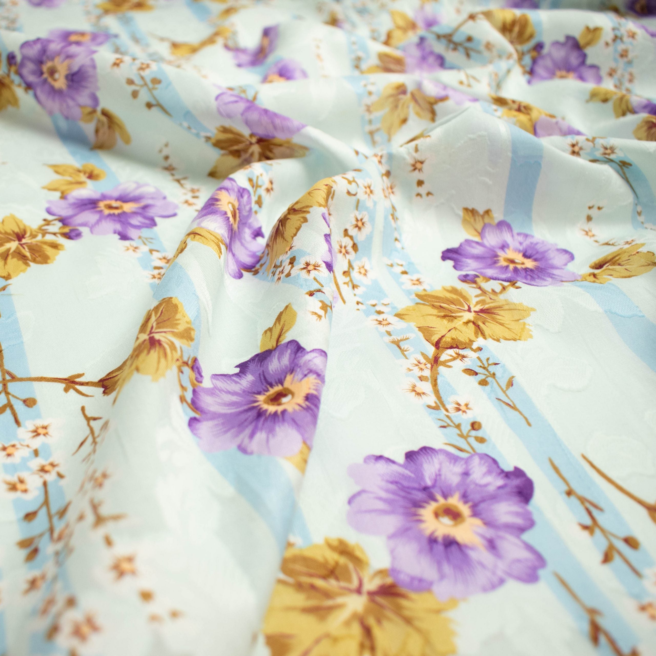 Japanese Pure Cotton Lawn Jacquard Embossed Floral Prints Design-20 Purple Flowers on Blue
