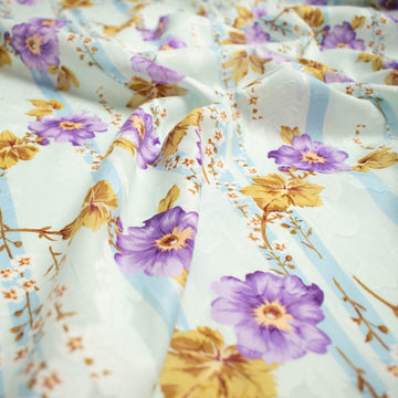 Japanese Pure Cotton Lawn Jacquard Embossed Floral Prints Design-20 Purple Flowers on Blue