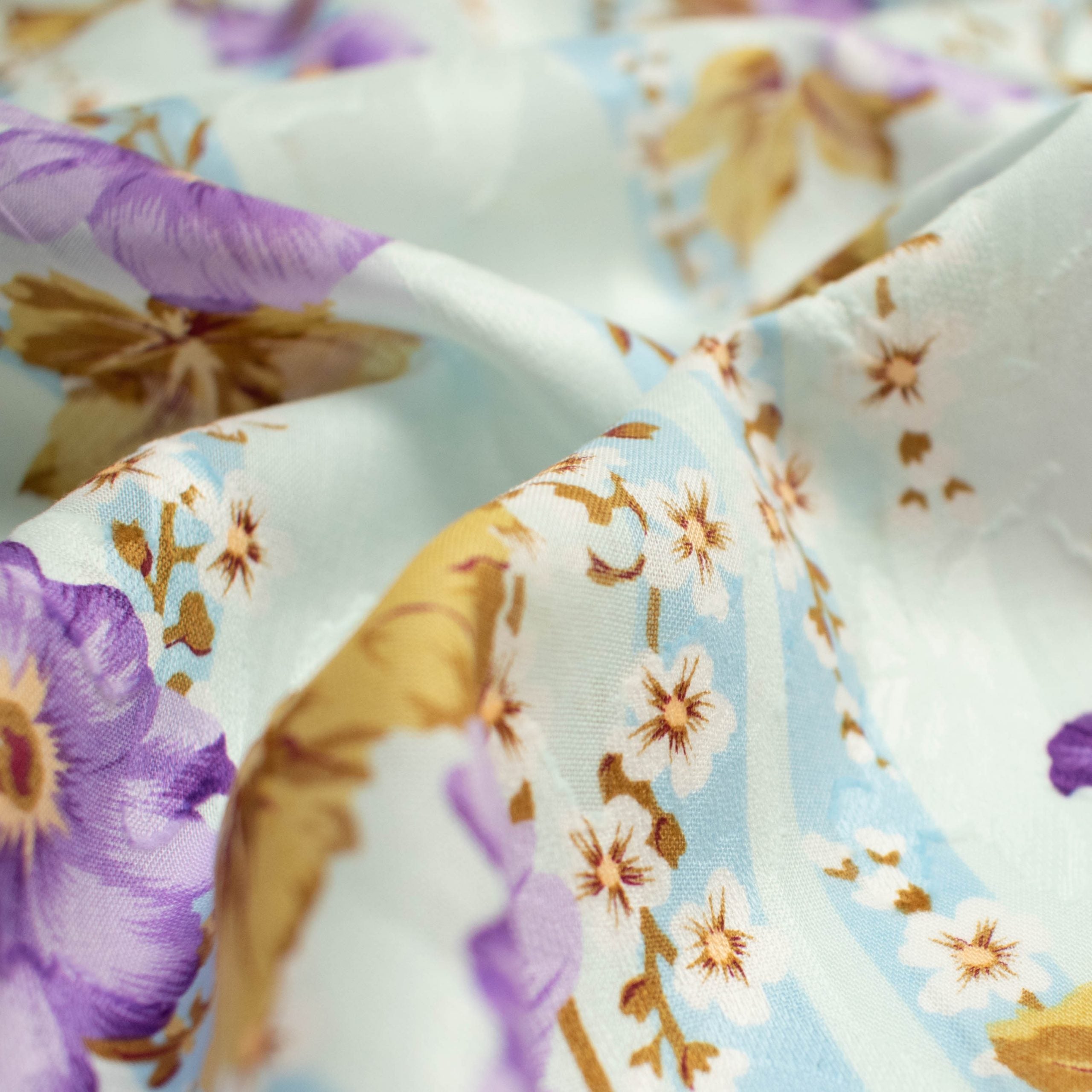 Japanese Pure Cotton Lawn Jacquard Embossed Floral Prints Design-20 Purple Flowers on Blue