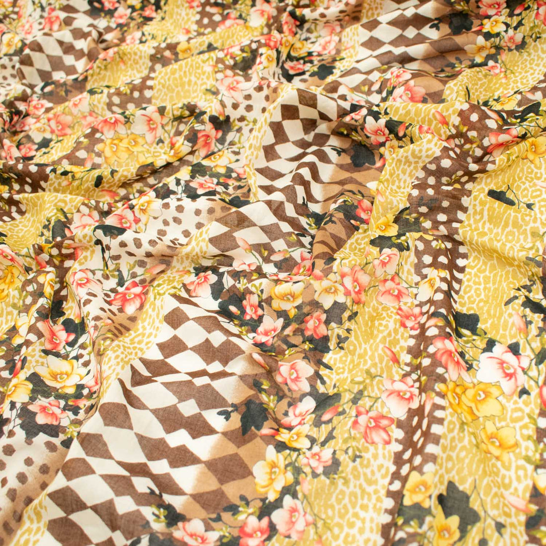 Japanese Pure Cotton Lawn Prints Design-175 Red Floral Vines & Brown Rhombus on Yellow