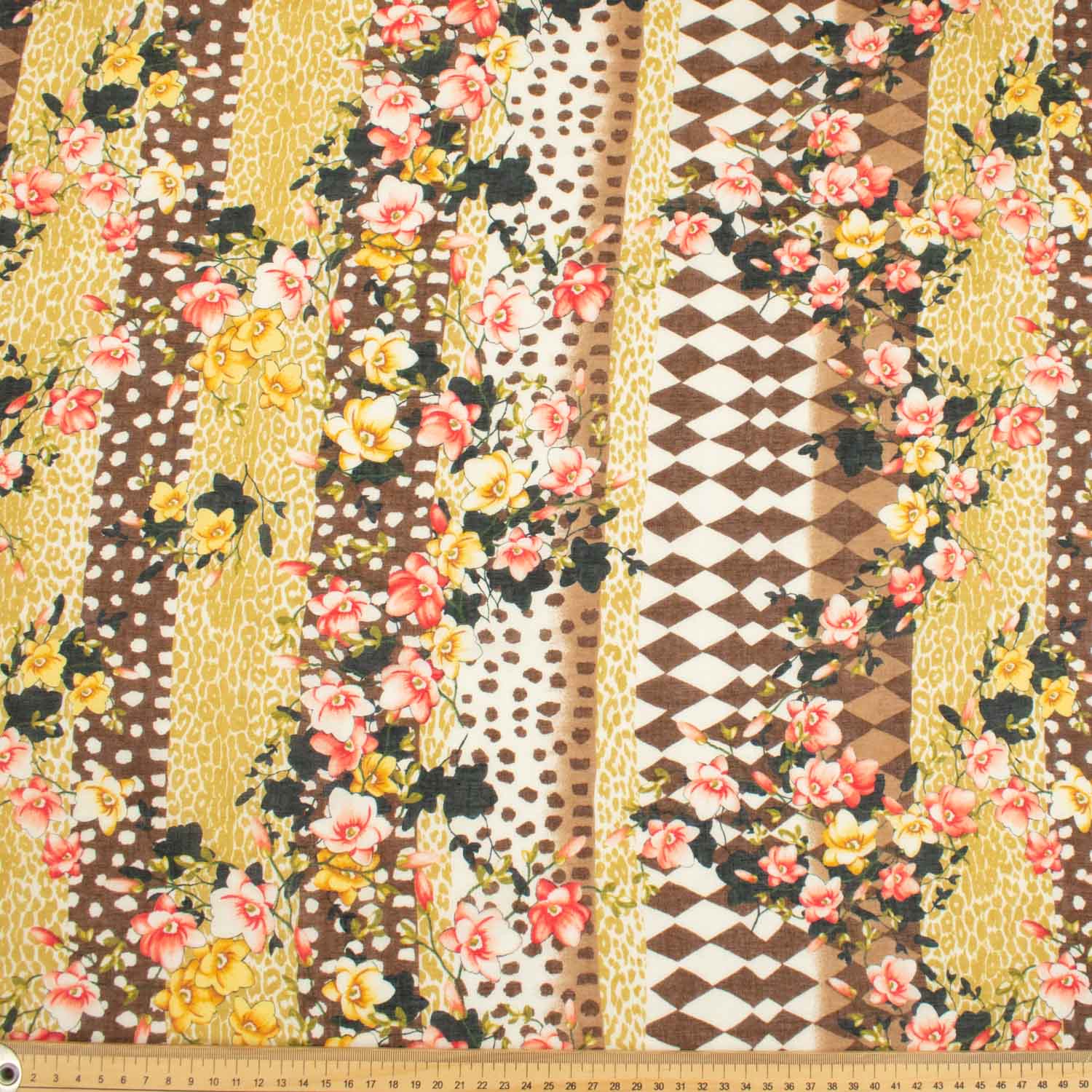 Japanese Pure Cotton Lawn Prints Design-175 Red Floral Vines & Brown Rhombus on Yellow