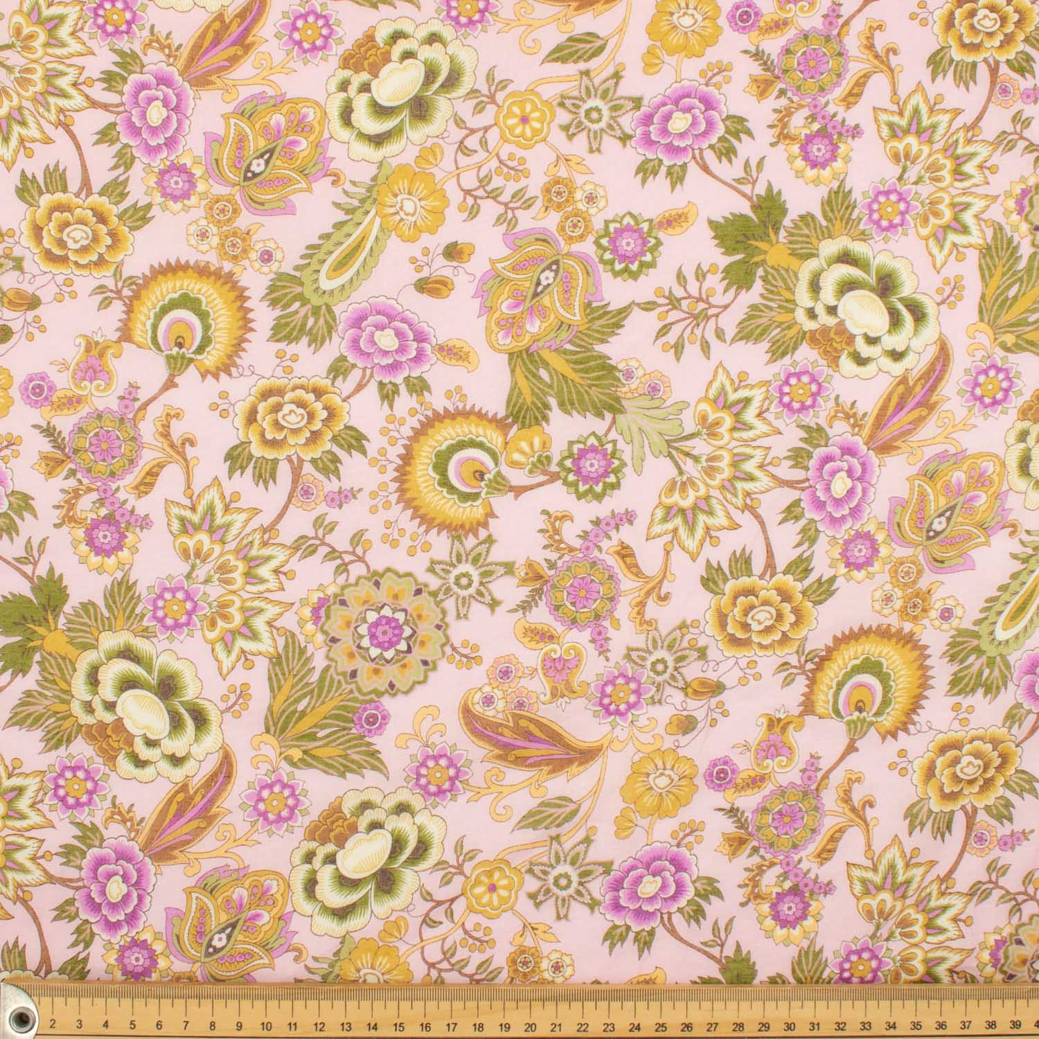 Japanese Pure Cotton Lawn Prints Design-196 Beige Florals & Green Leaves on Baby Pink