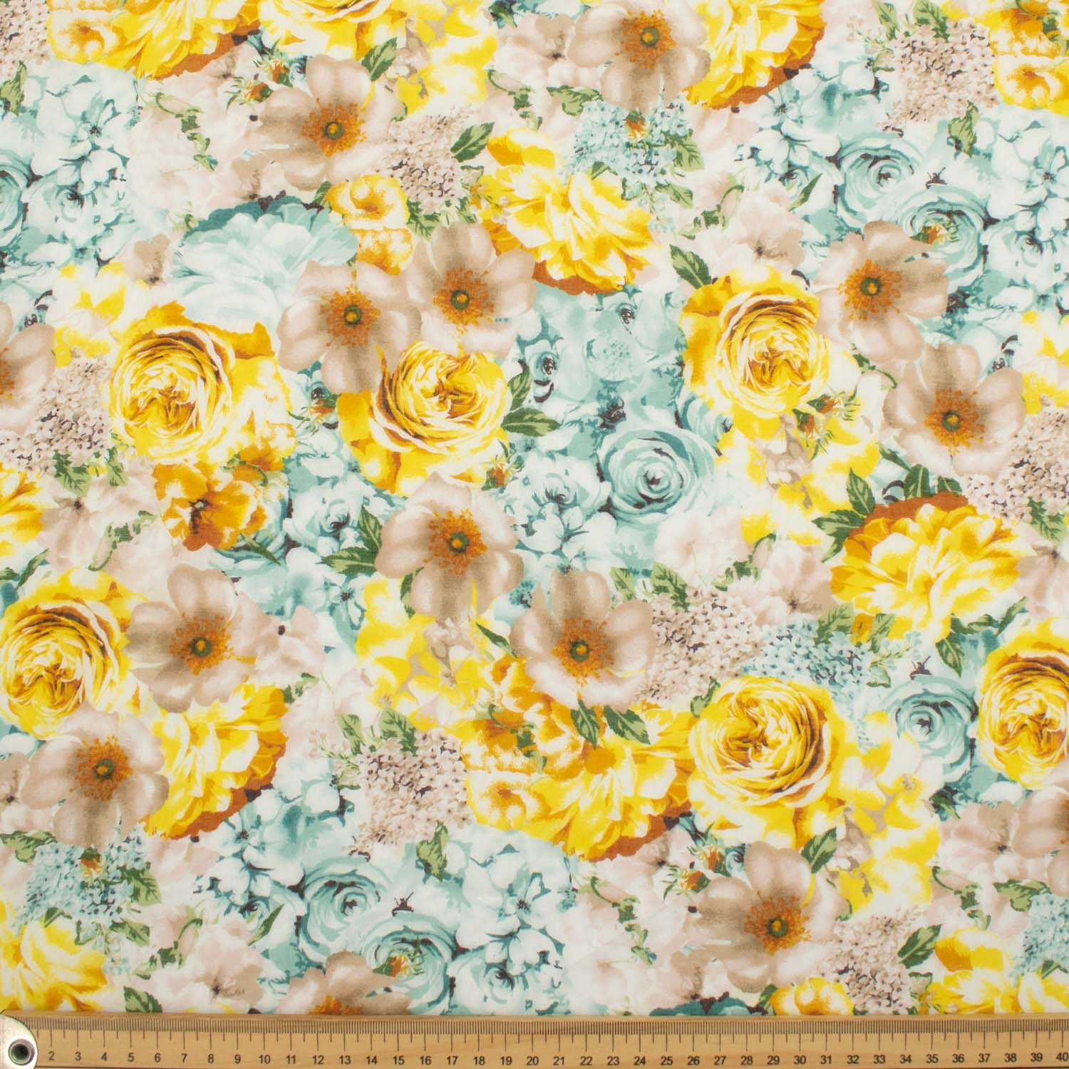 Japanese Pure Cotton Lawn Prints Design-197 Yellow, Teal & Grey Flower Bloom