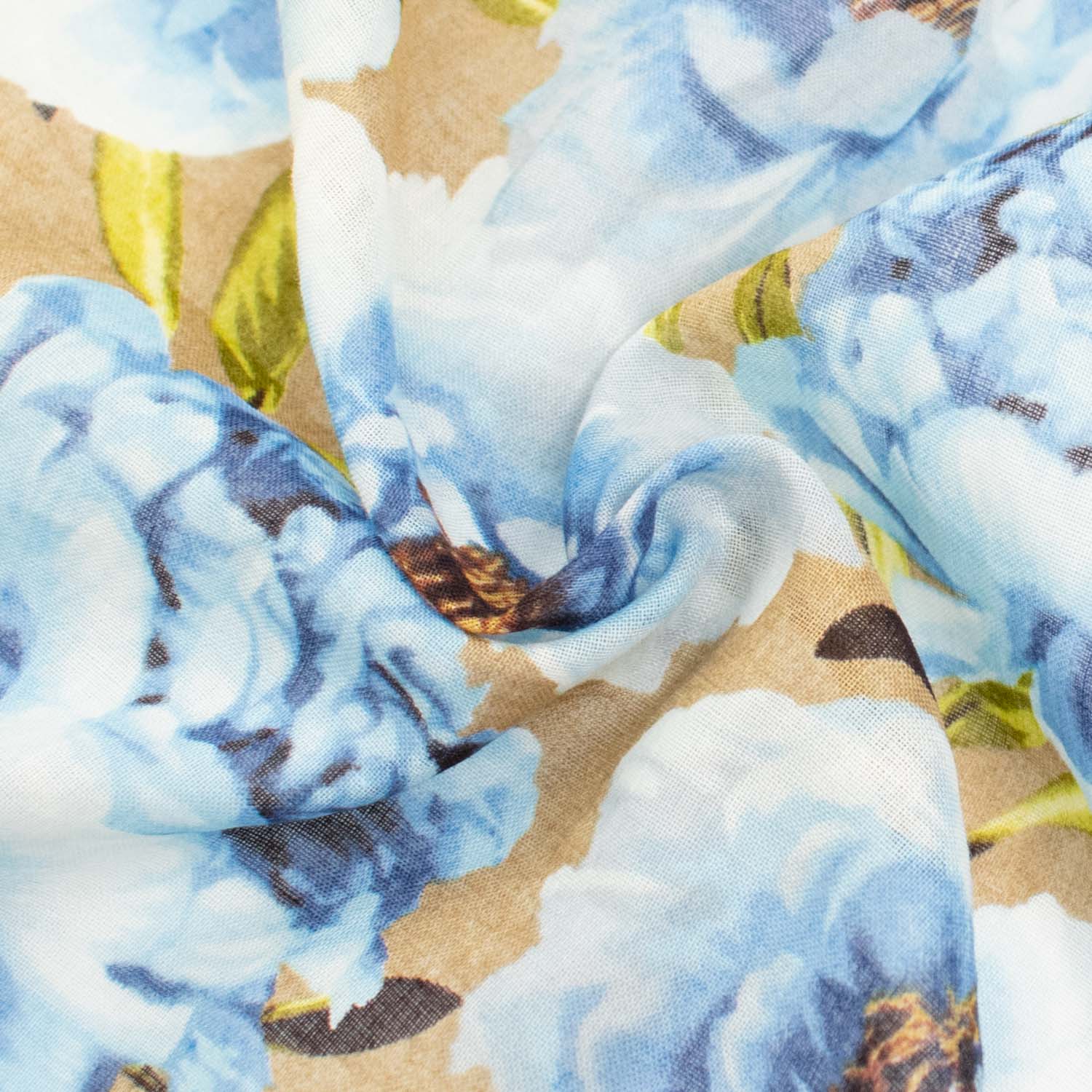 Japanese Pure Cotton Lawn Prints Design-203 Large Blue Flowers on Latte