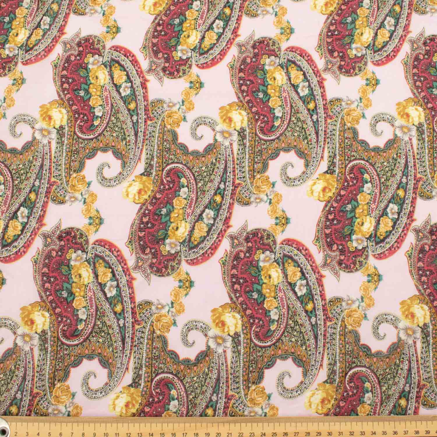 Japanese Pure Cotton Lawn Prints Design-209 Red & Brown Paisley On Baby Pink