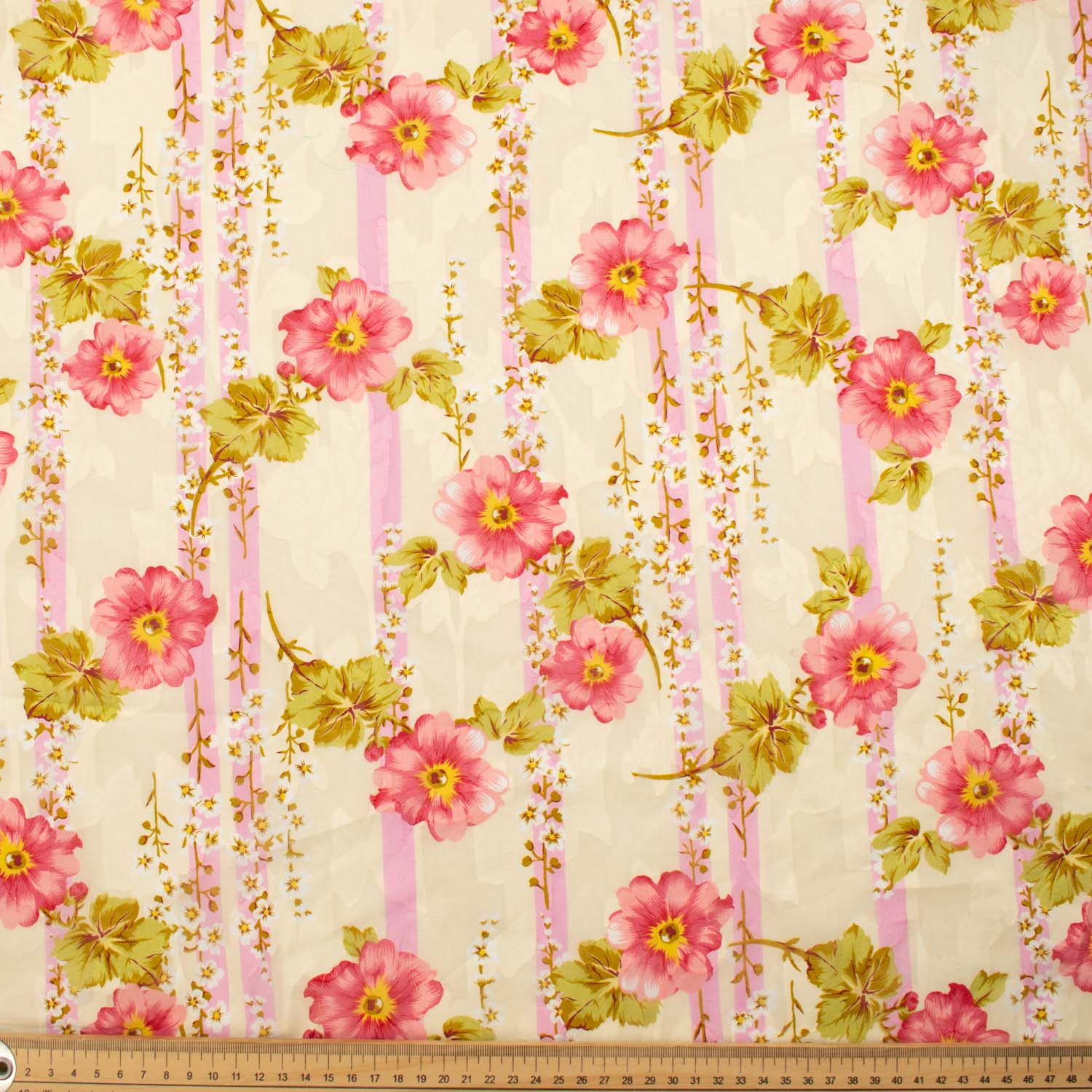 Japanese Pure Cotton Lawn Prints Design-215 Red Flowers & Pink Stripes on Cream