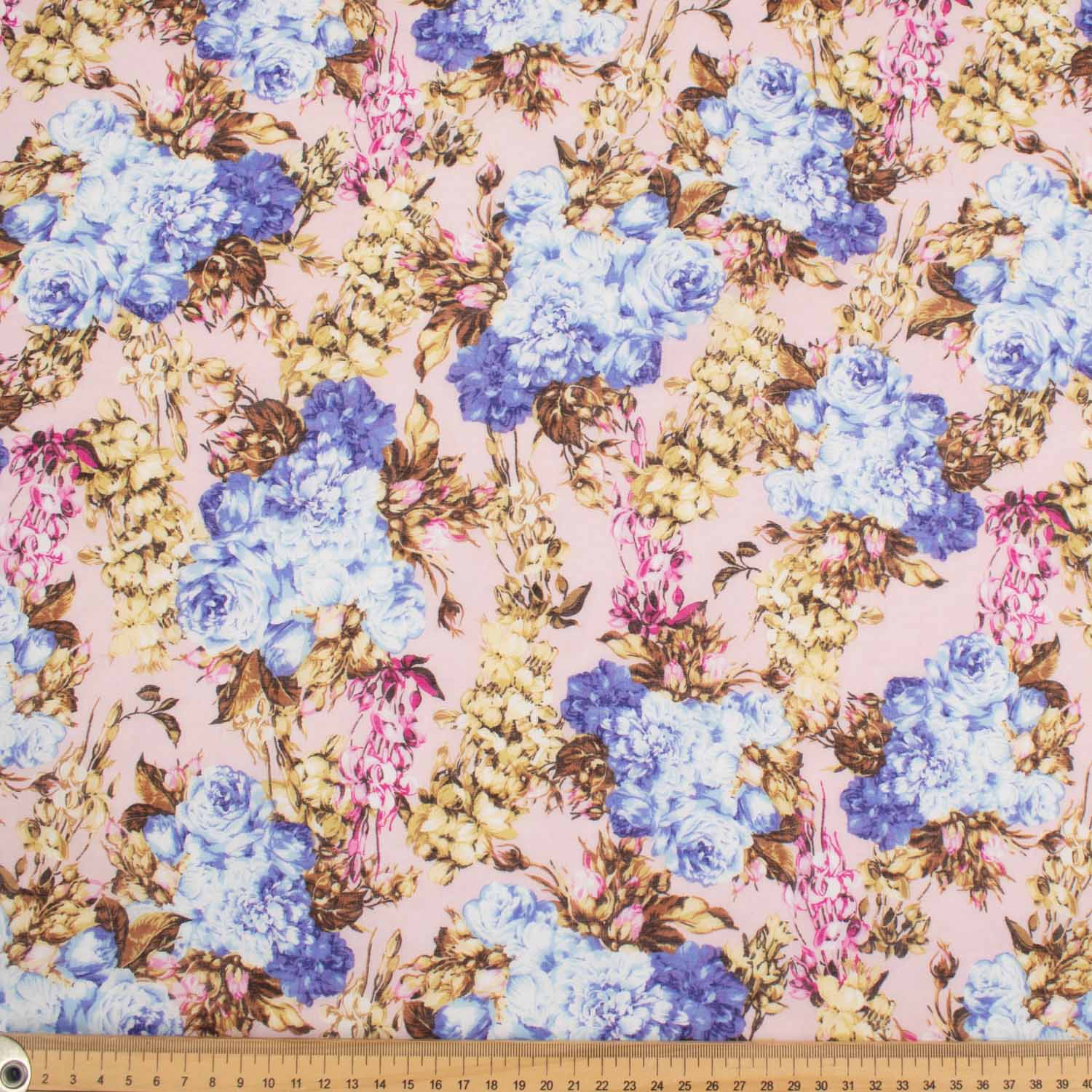 Japanese Pure Cotton Lawn Prints Design-220 Blue & Beige Florals on Baby Pink