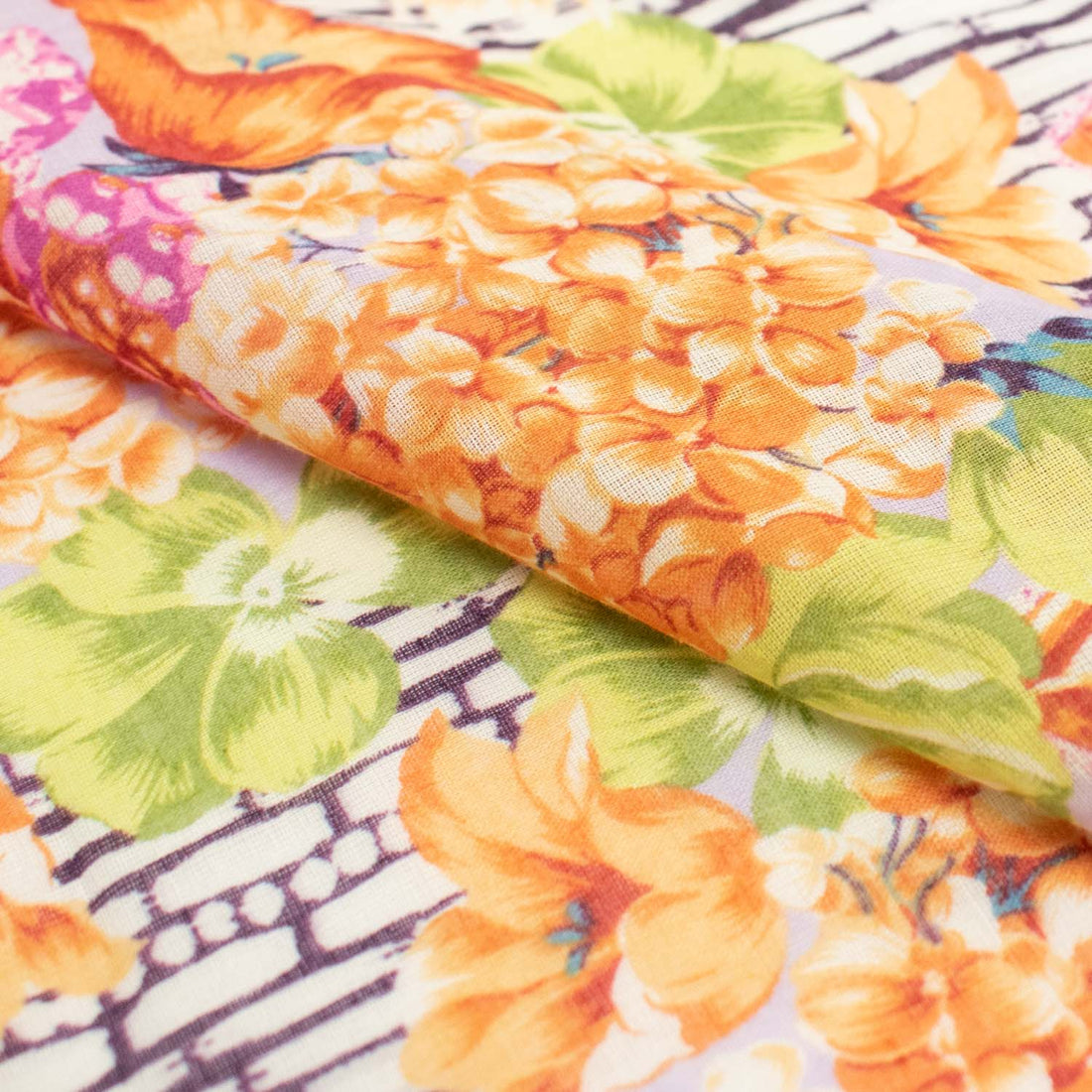 Japanese Pure Cotton Lawn Prints Design-170 Orange Hydrangea & Green Flowers on Lilac
