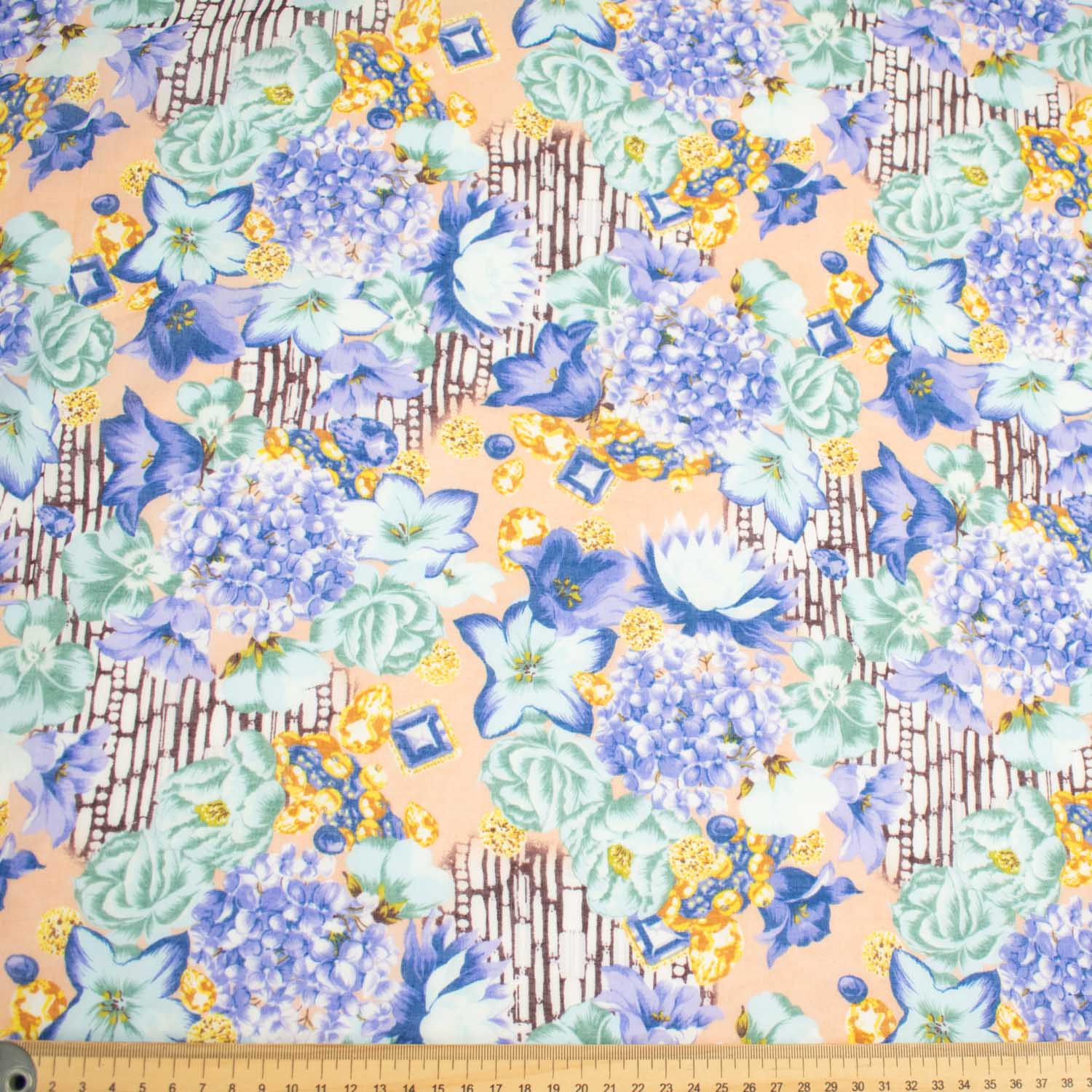 Japanese Pure Cotton Lawn Prints Design-172 Blue Hydrangea & Turquoise Flowers on Yellow
