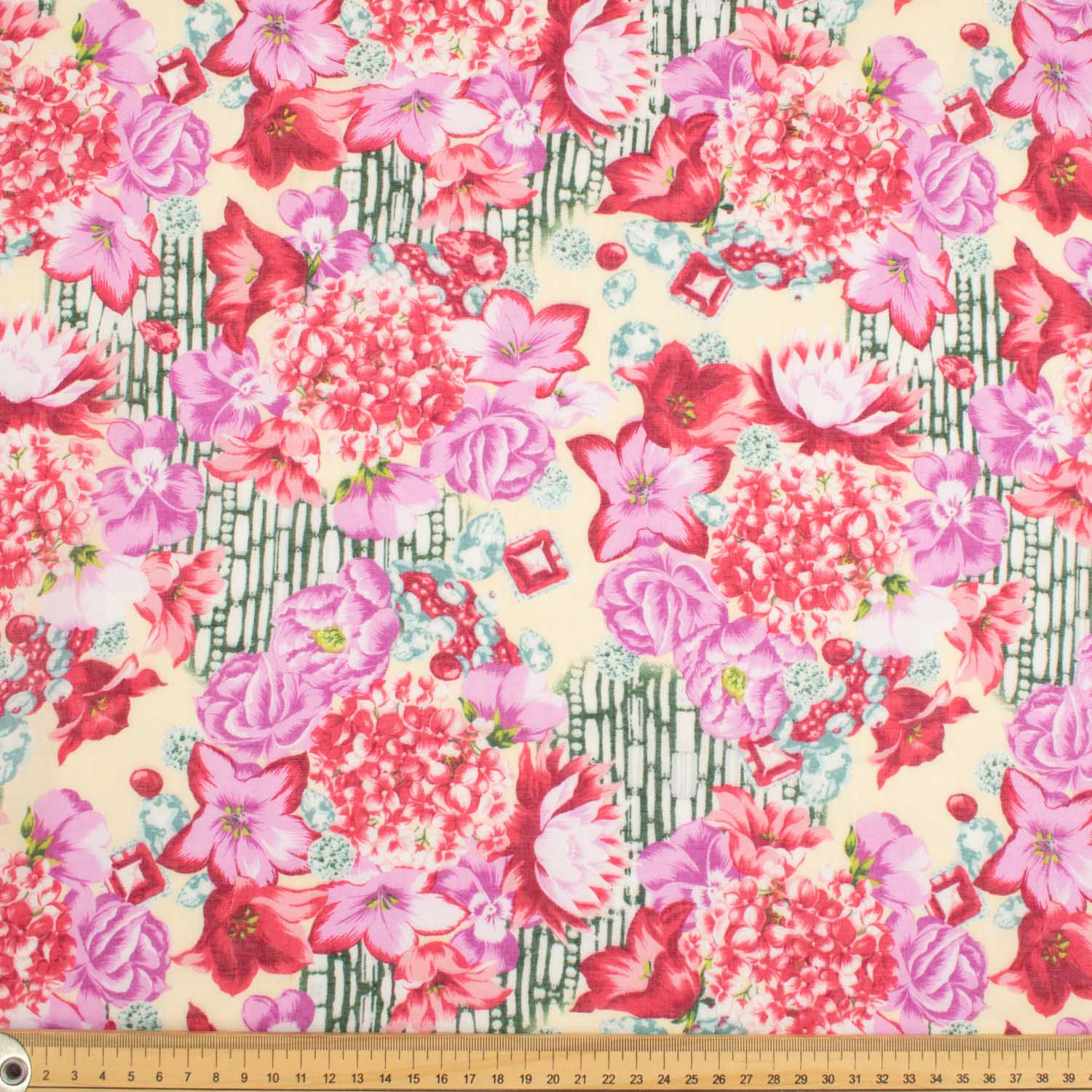 Japanese Pure Cotton Lawn Prints Design-171 Red Hydrangea & Pink Flowers on Peach