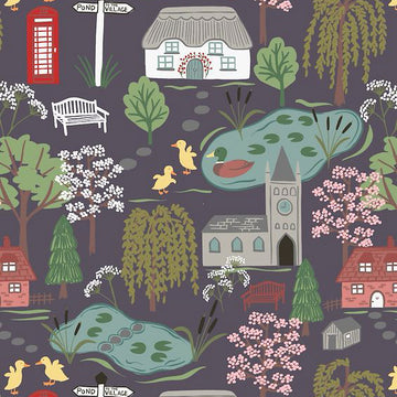 Lewis & Irene The Village Pond  Scene On Dark Earth Cotton Prints