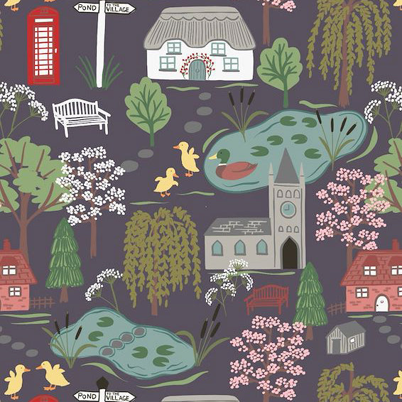Lewis & Irene The Village Pond  Scene On Dark Earth Cotton Prints