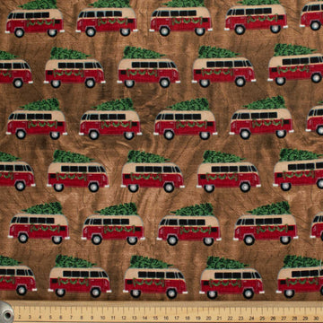 Christmas Collection Christmas Tree & Red Car on Brown Cotton Prints