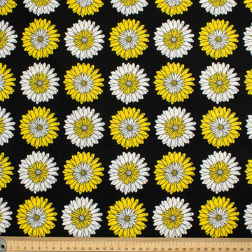 Flowers & Birds Cartoon Collection White & Yellow Chrysanthemum on Black Cotton Prints