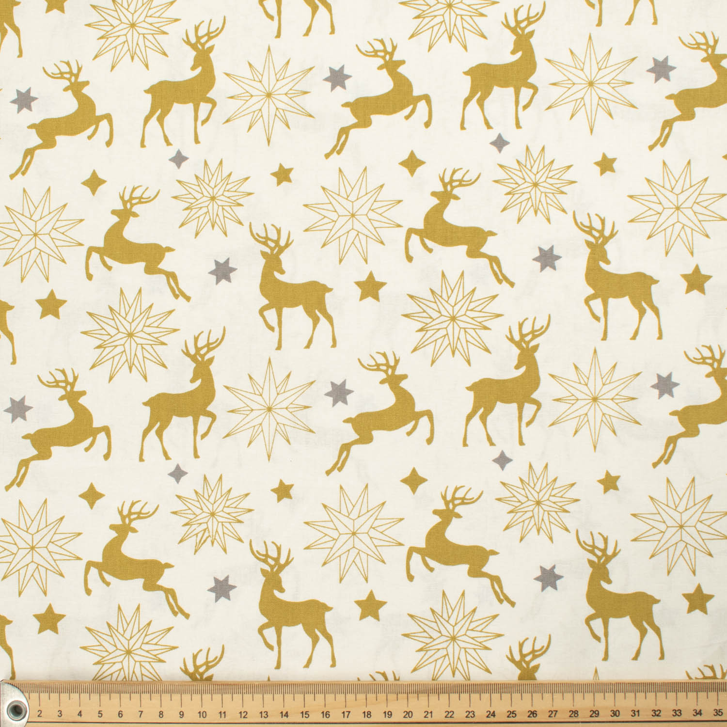 Christmas Collection Gold Stars & Reindeer on White Cotton Prints