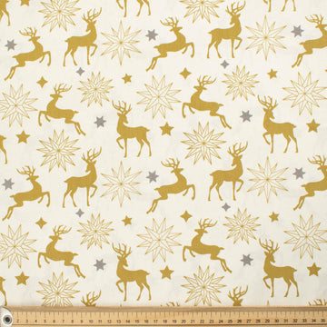 Christmas Collection Gold Stars & Reindeer on White Cotton Prints