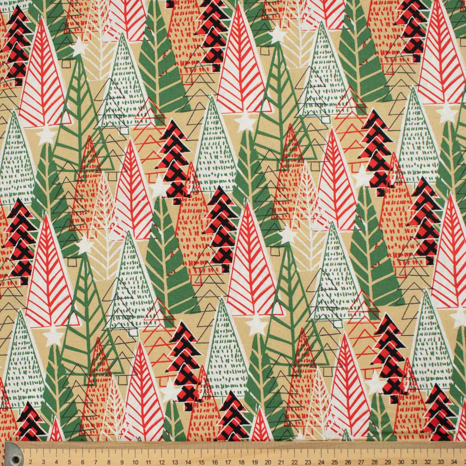 Christmas Collection Red & Green Christmas Tree on Beige Cotton Prints