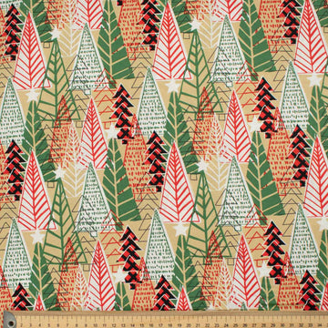 Christmas Collection Red & Green Christmas Tree on Beige Cotton Prints