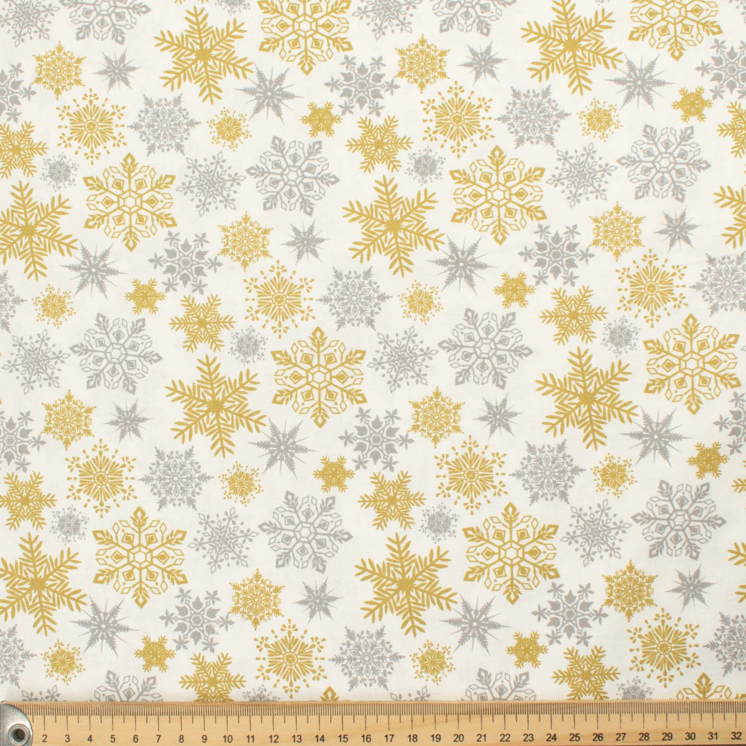 Christmas Collection Gold & Silver Snow Flower on White Cotton Prints